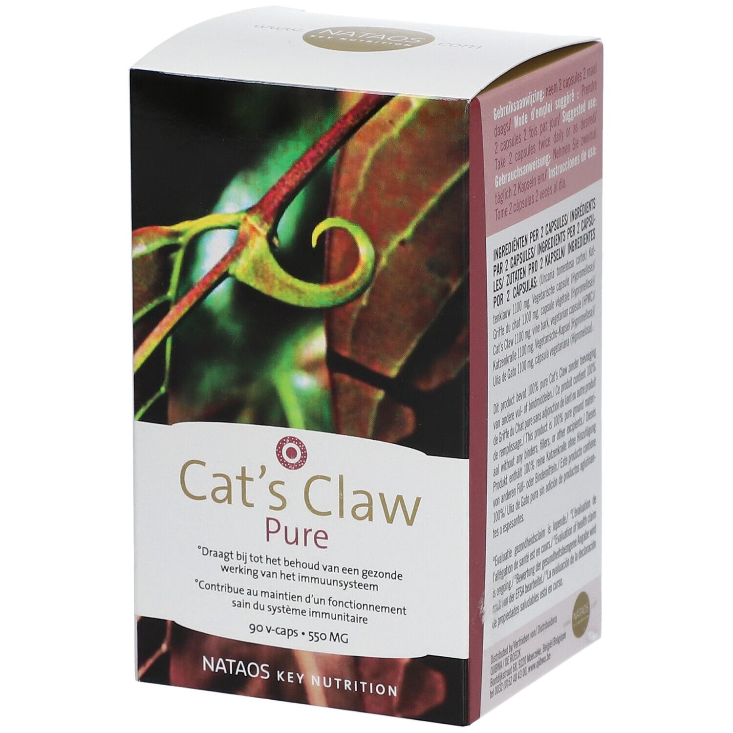 Vue latérale de la boîte "Cat's Claw Pure". Contient des informations sur le dosage.