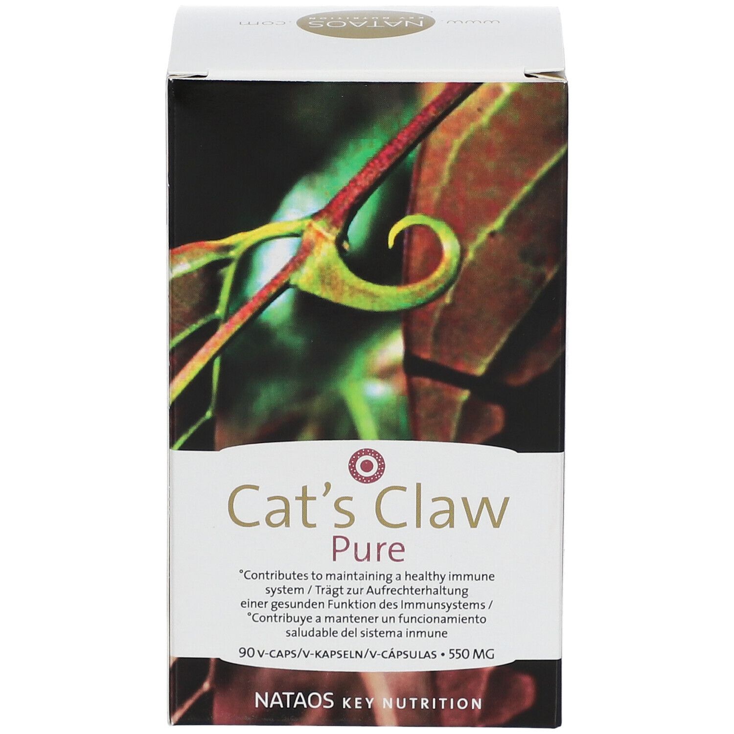 Vue de face de la boîte "Cat's Claw Pure". Contient le logo et les informations sur le produit.
