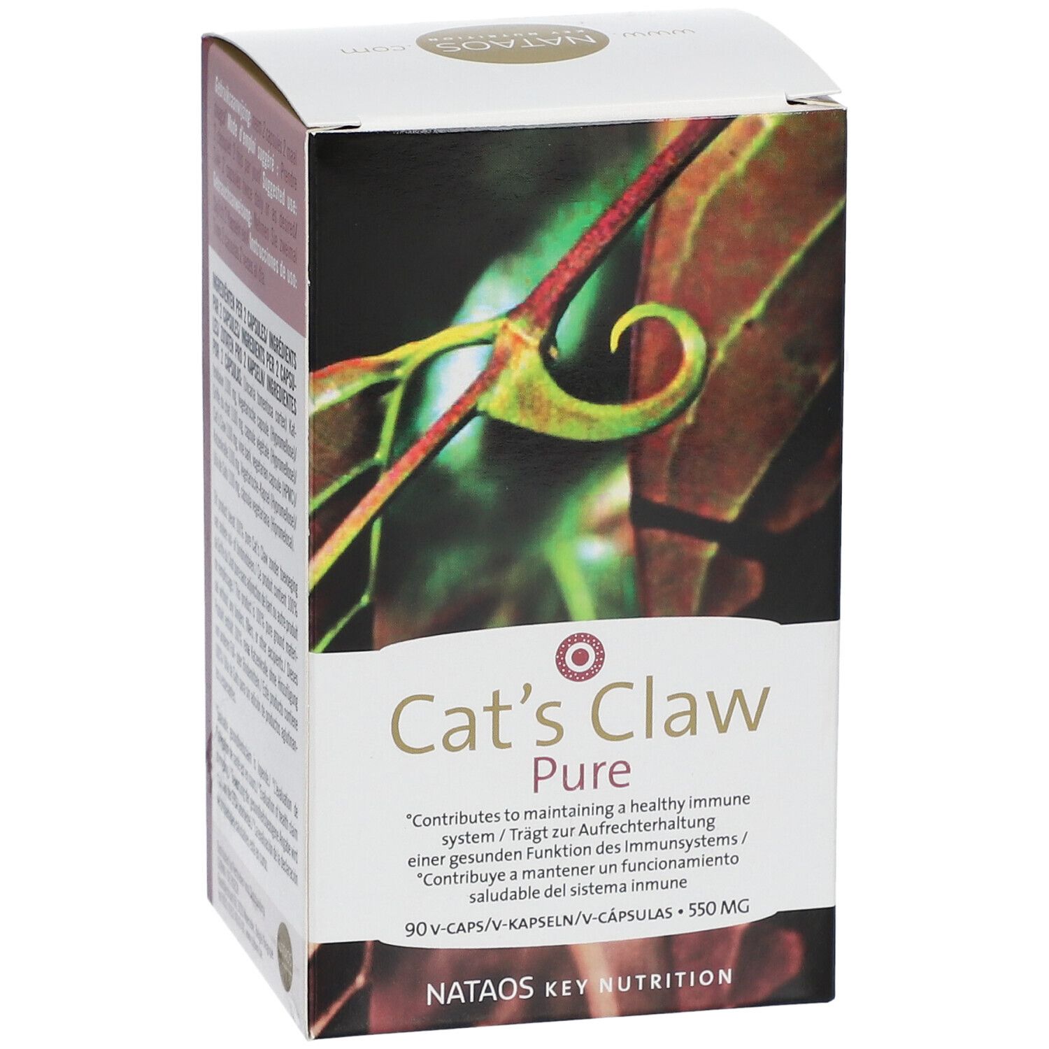 Vue de face de la boîte "Cat's Claw Pure". Contient le logo et les informations sur le produit.
