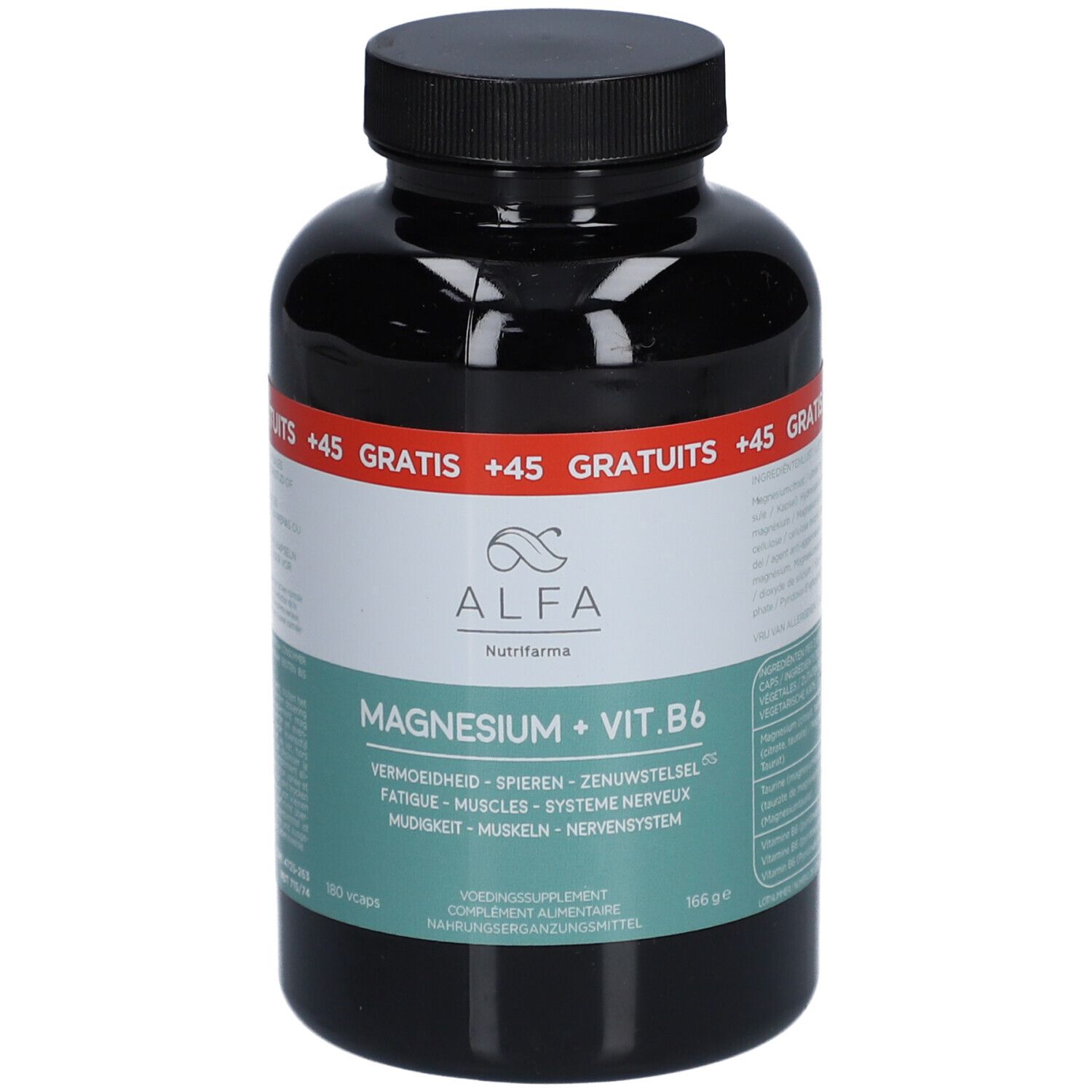Flacon noir avec ALFA Magnesium + Vit. B6. Inscription : Magnesium + Vit. B6. +45 gélules gratuites. 160 gélules.