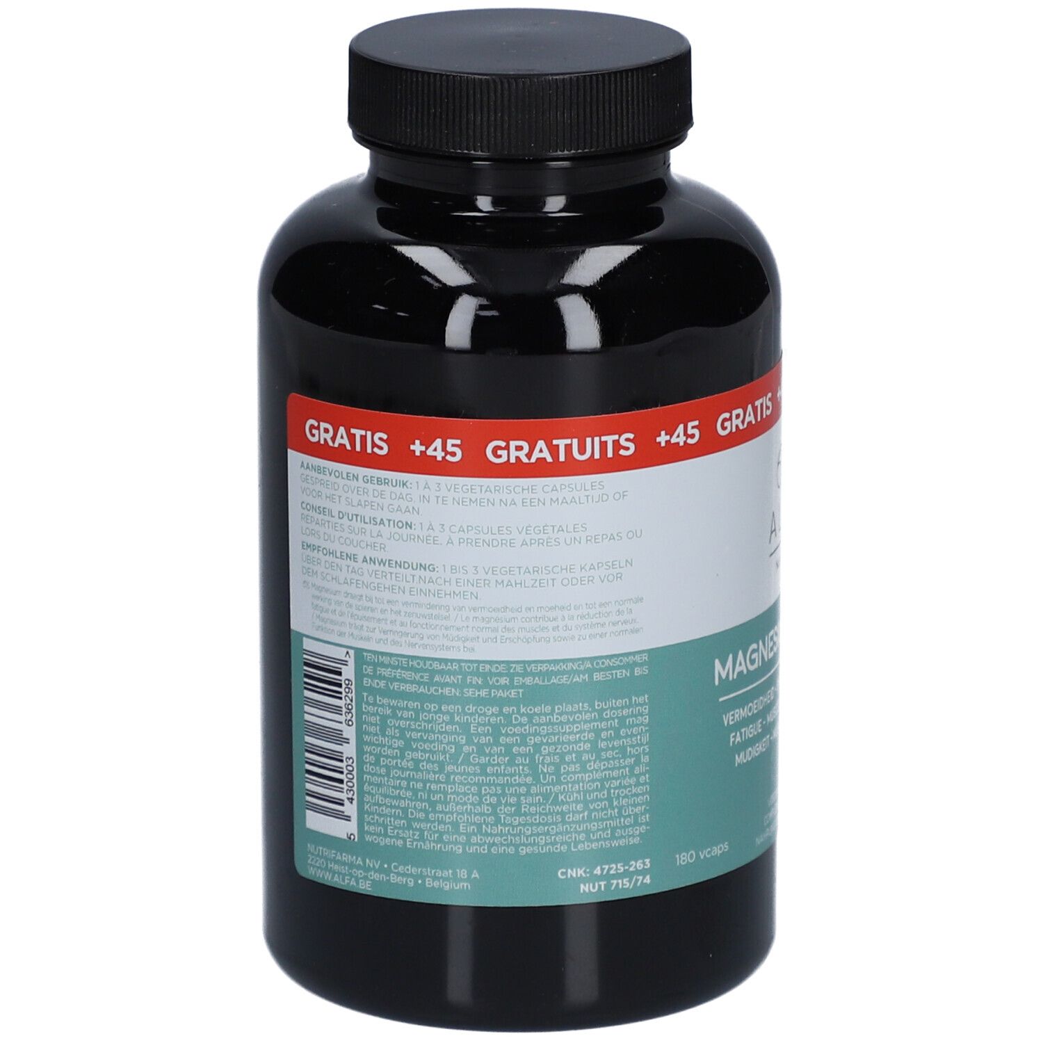 Dos d'un flacon noir avec ALFA Magnesium + Vit. B6. Texte : ingrédients, mode d'emploi. +45 gélules gratuites.
