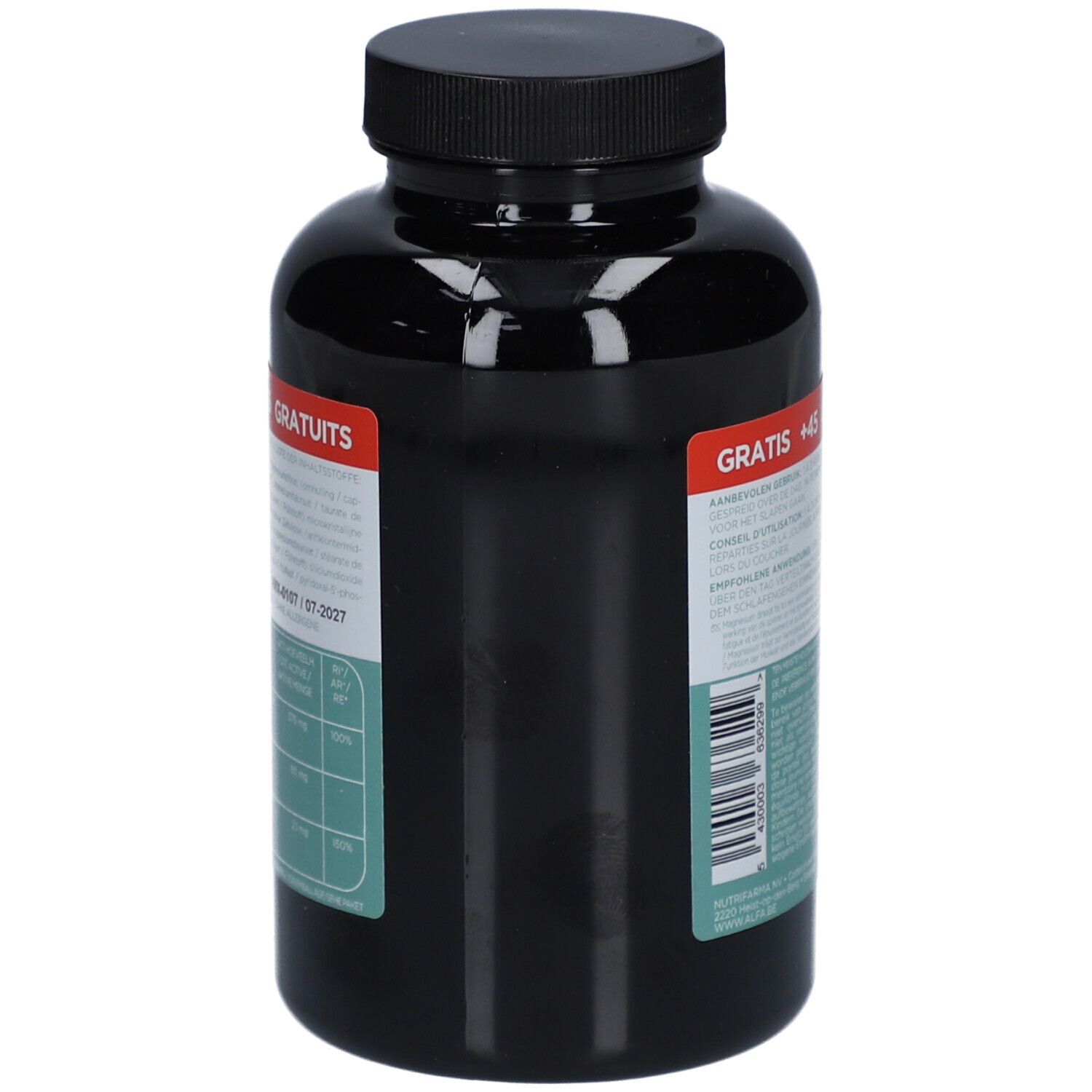 Vue arrière d'un flacon noir avec ALFA Magnesium + Vit. B6. Inscription : +45 gratuits. Texte et étiquette verte.