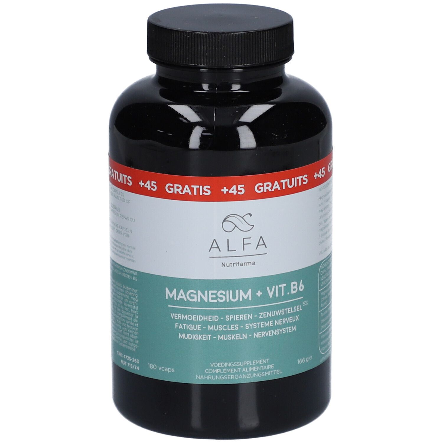Flacon noir avec ALFA Magnesium + Vit. B6. Inscription : Magnesium + Vit. B6. +45 gélules gratuites. 160 gélules.