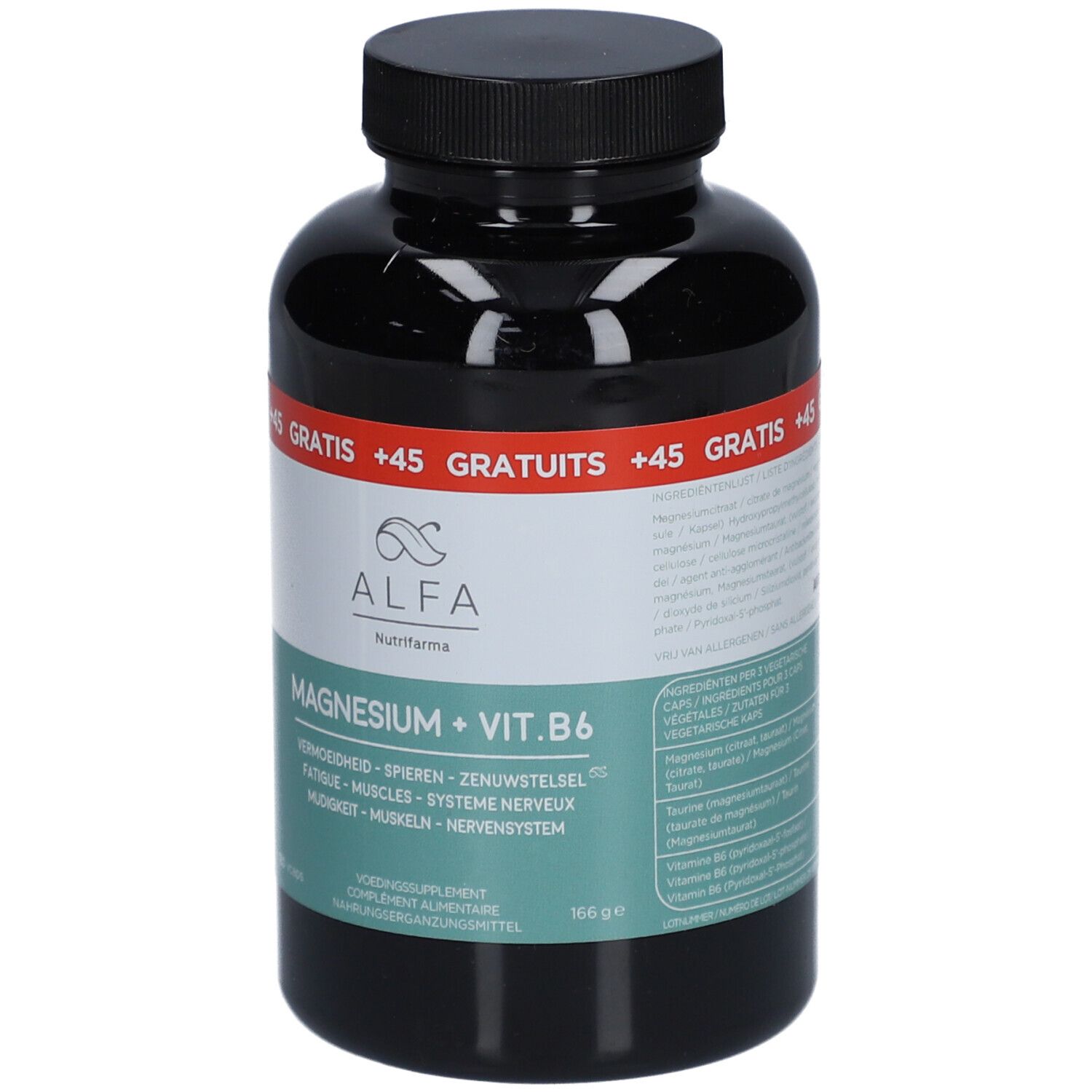 Flacon noir avec ALFA Magnesium + Vit. B6. Inscription : Magnesium + Vit. B6. +45 gélules gratuites. 160 gélules.