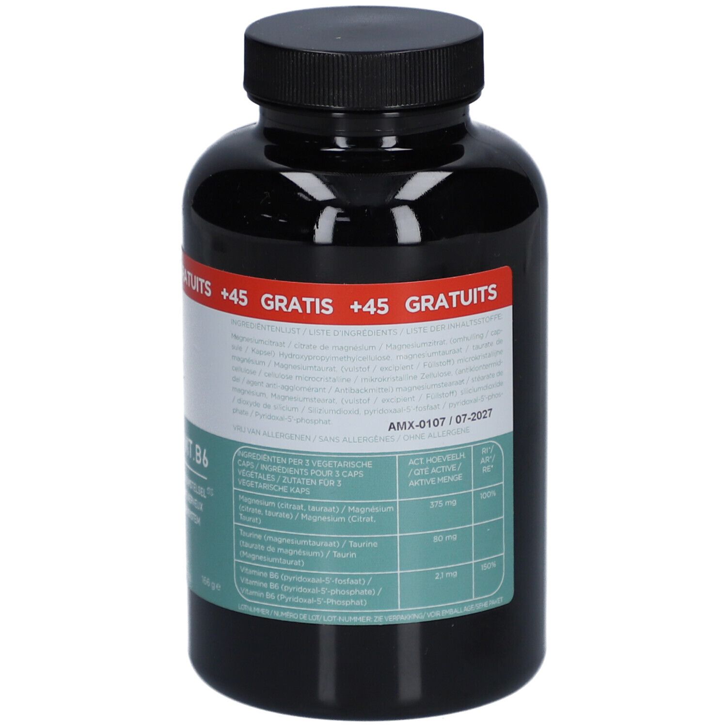 Dos d'un flacon noir avec ALFA Magnesium + Vit. B6. Texte : ingrédients, informations nutritionnelles. +45 gélules gratuites.