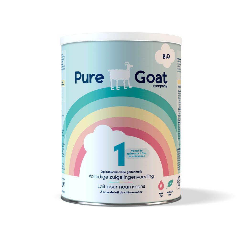 Face avant de la boîte Pure Goat Company Bio 1. Texte : '1', 'Bio', arc-en-ciel.