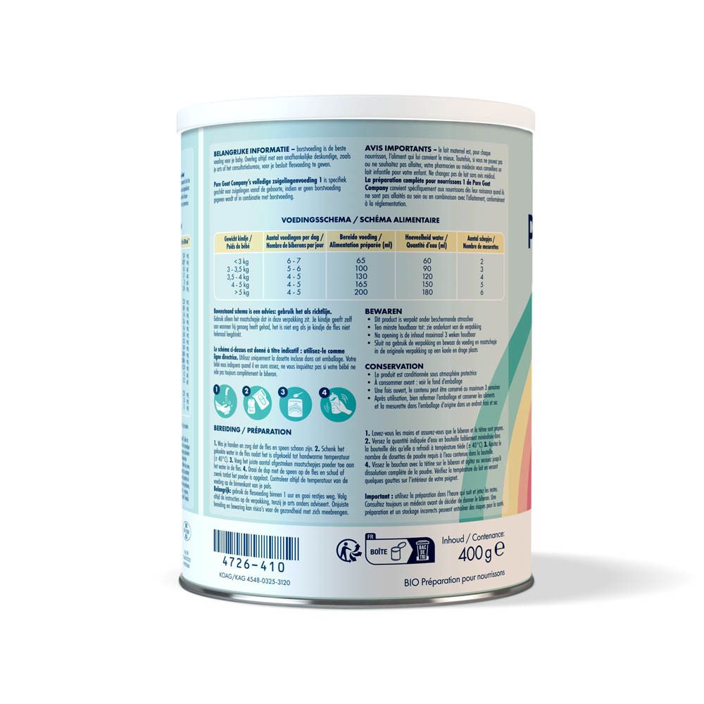 Dos de la boîte Pure Goat Company Bio 1. Texte : posologie, préparation, ingrédients, 400g.