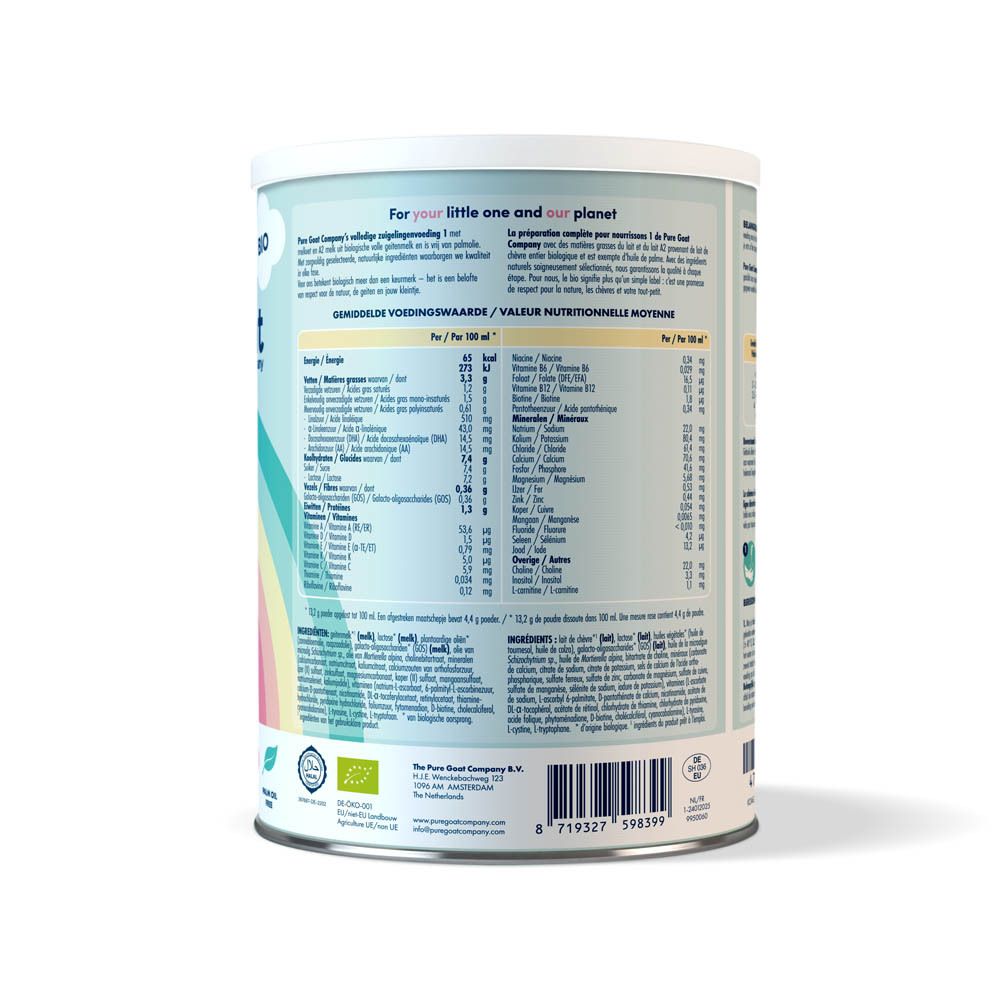 Dos de la boîte Pure Goat Company Bio 1. Tableau nutritionnel, ingrédients, texte, label bio.