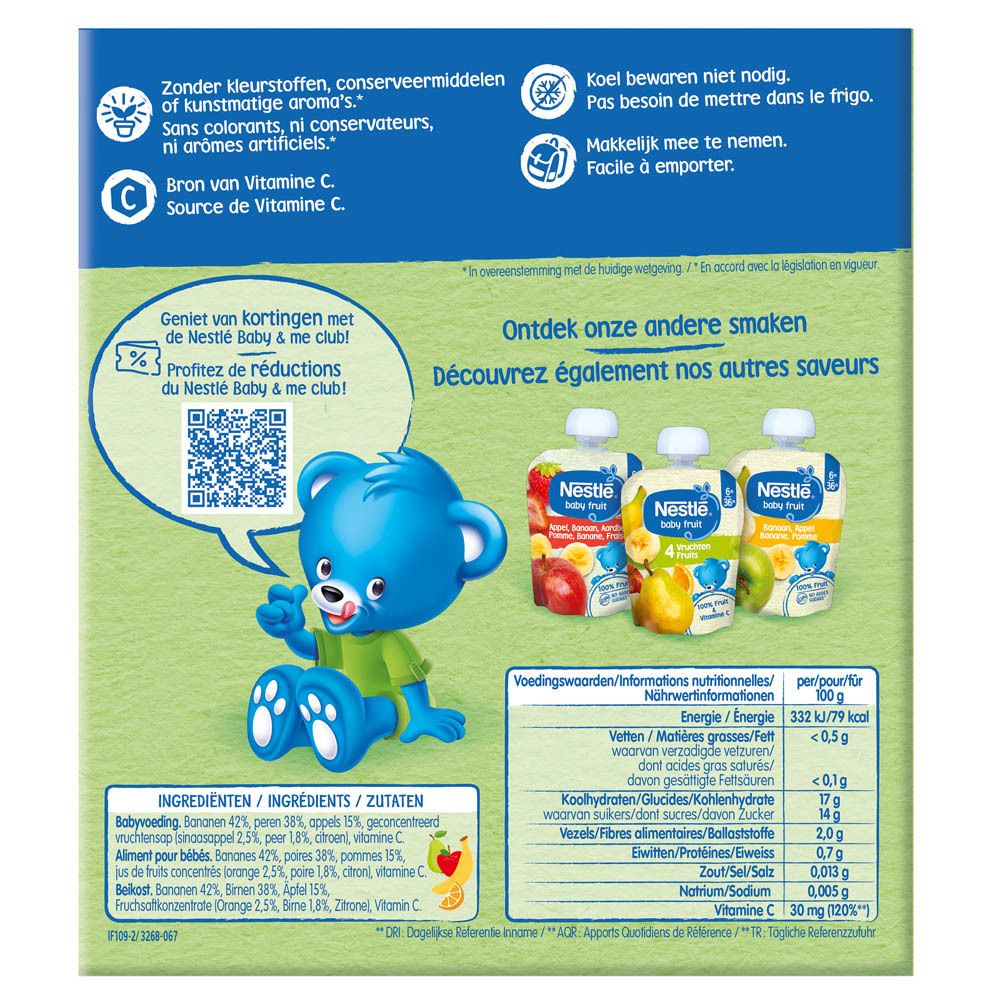 Dos de l'emballage NESTLE Baby Fruit®. Contient des informations et des illustrations.