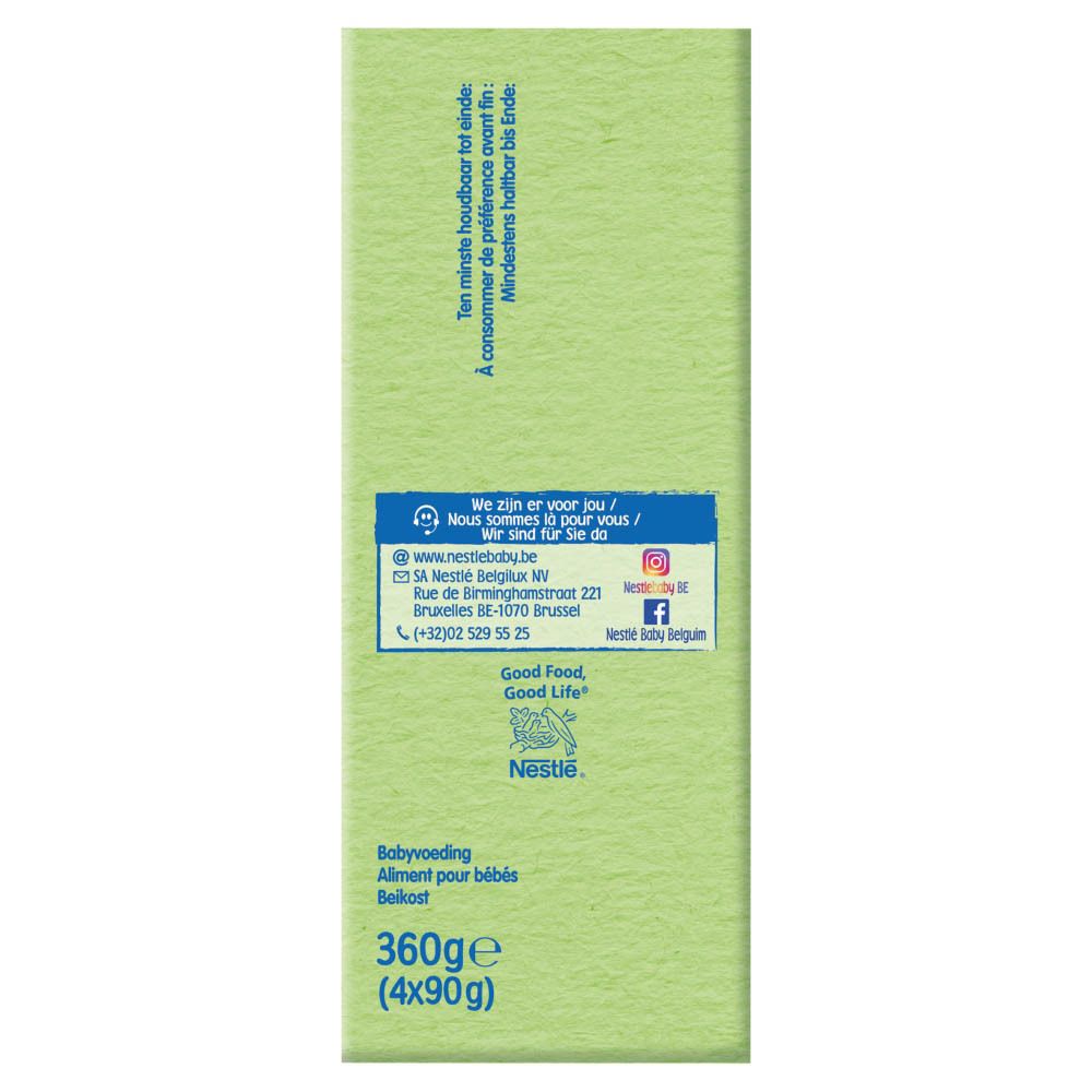 Côté de l'emballage NESTLE Baby Fruit® avec informations. 360g (4x90g).