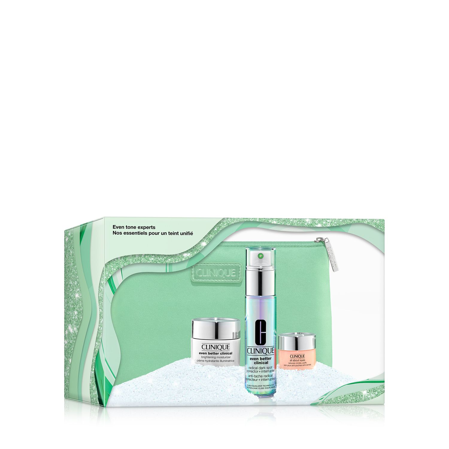 Ensemble Clinique Even Tone Experts dans son emballage. Trousse verte, trois pots et flacons. Inscriptions: CLINIQUE, Even Better Clinical.