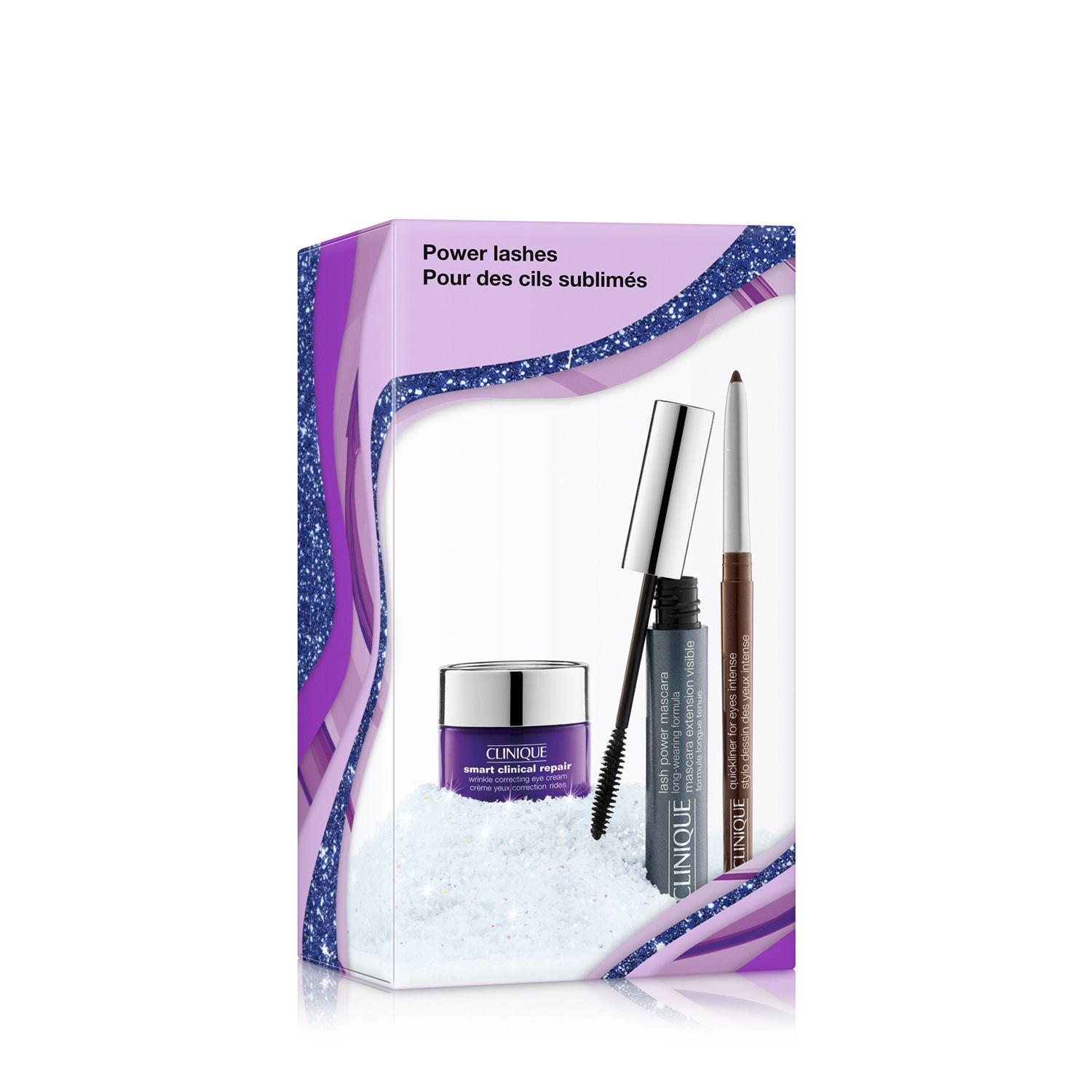 Coffret cadeau avec crème pour les yeux, mascara et eye-liner. Emballage avec design violet. Produits sur fond blanc. Texte: Power lashes.