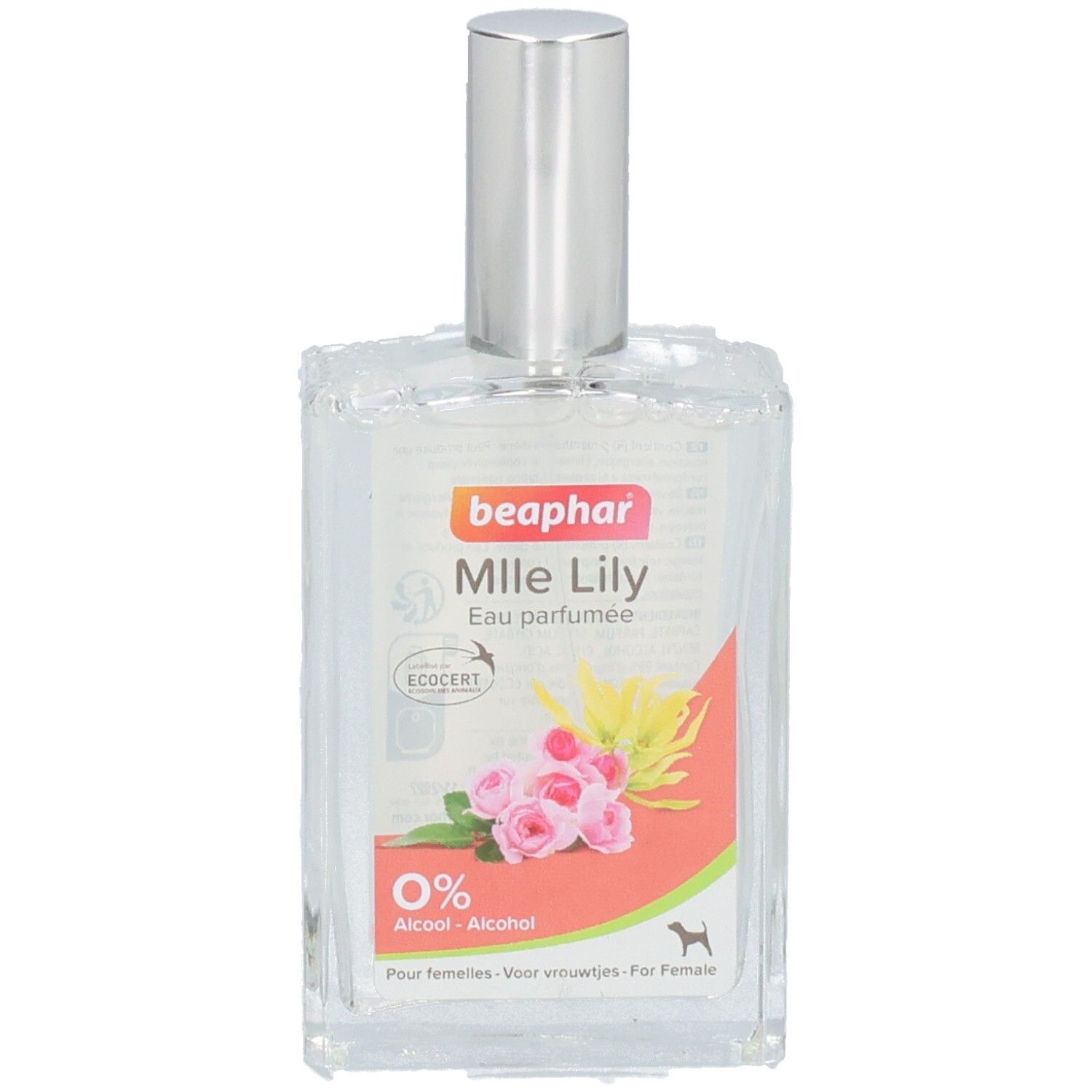 Flacon transparent avec vaporisateur argenté. Étiquette avec nom du produit, illustration de roses et logo. Certification.