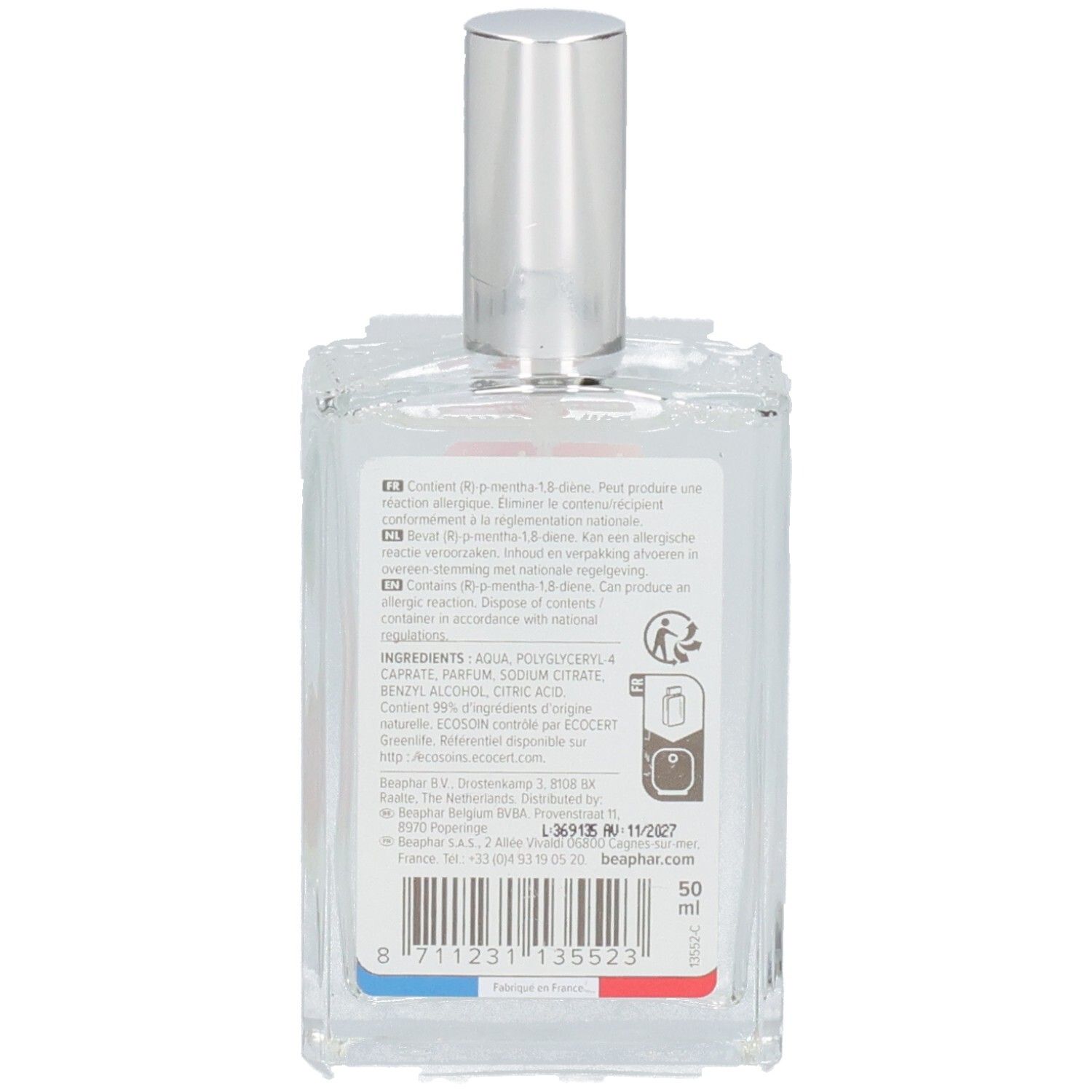 Dos du flacon. Étiquette avec ingrédients, instructions et logo. Indication de volume : 50 ml.