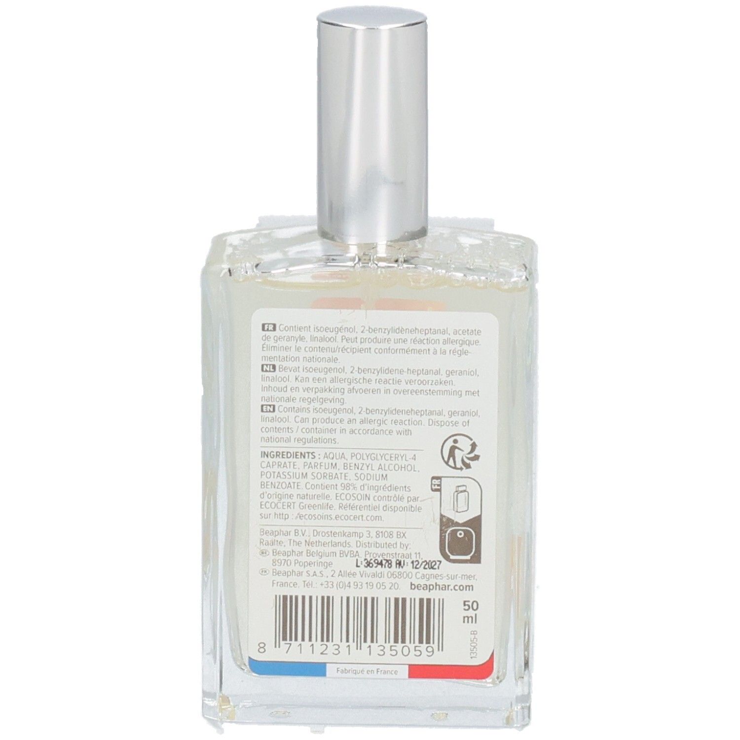 Dos du flacon Beaphar Mr Filou. Contient des informations sur les ingrédients, l'adresse du fabricant et un code-barres. 50 ml.