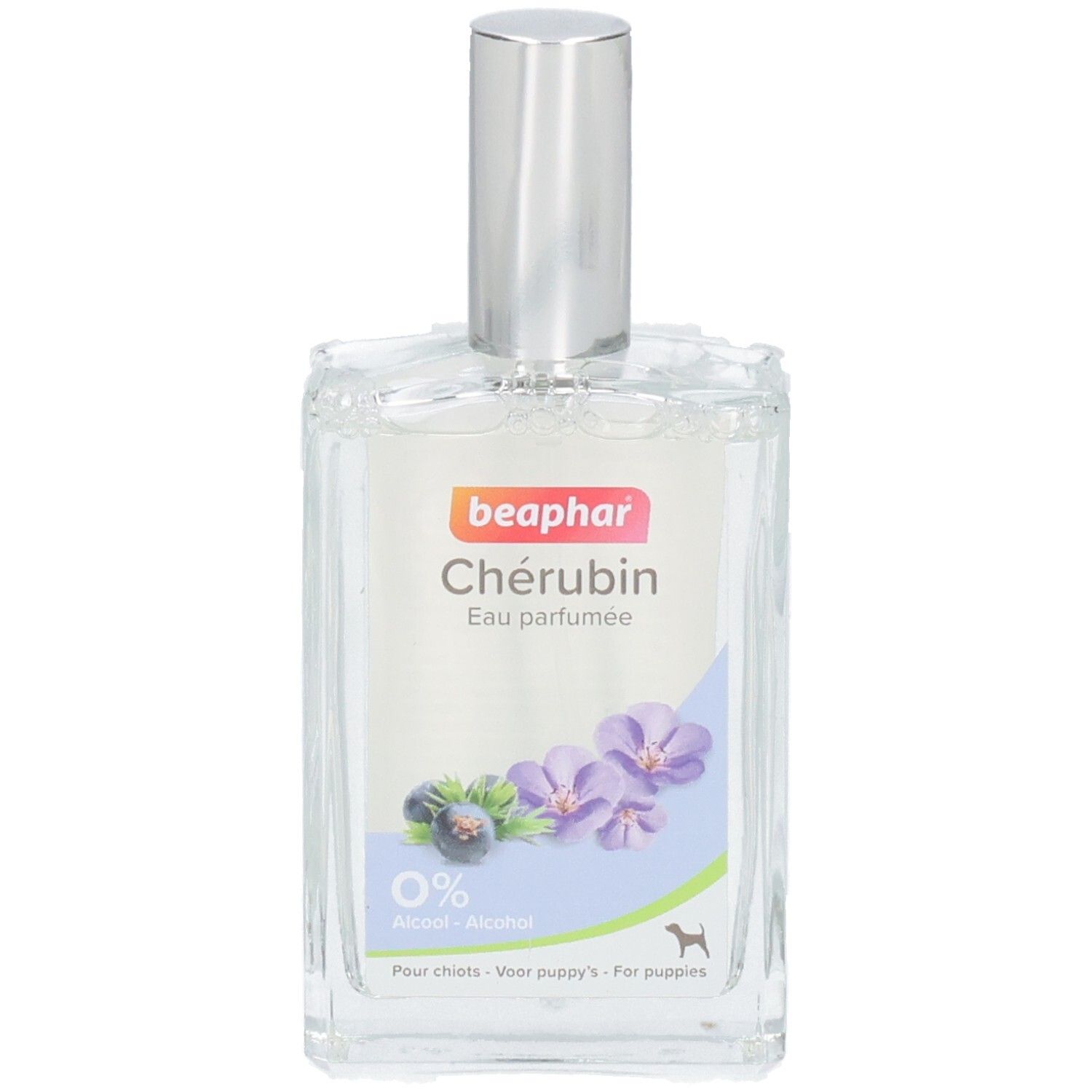 Flacon en verre avec vaporisateur. Étiquette avec nom du produit, fleurs et logo. 0% alcool. Pour chiots.