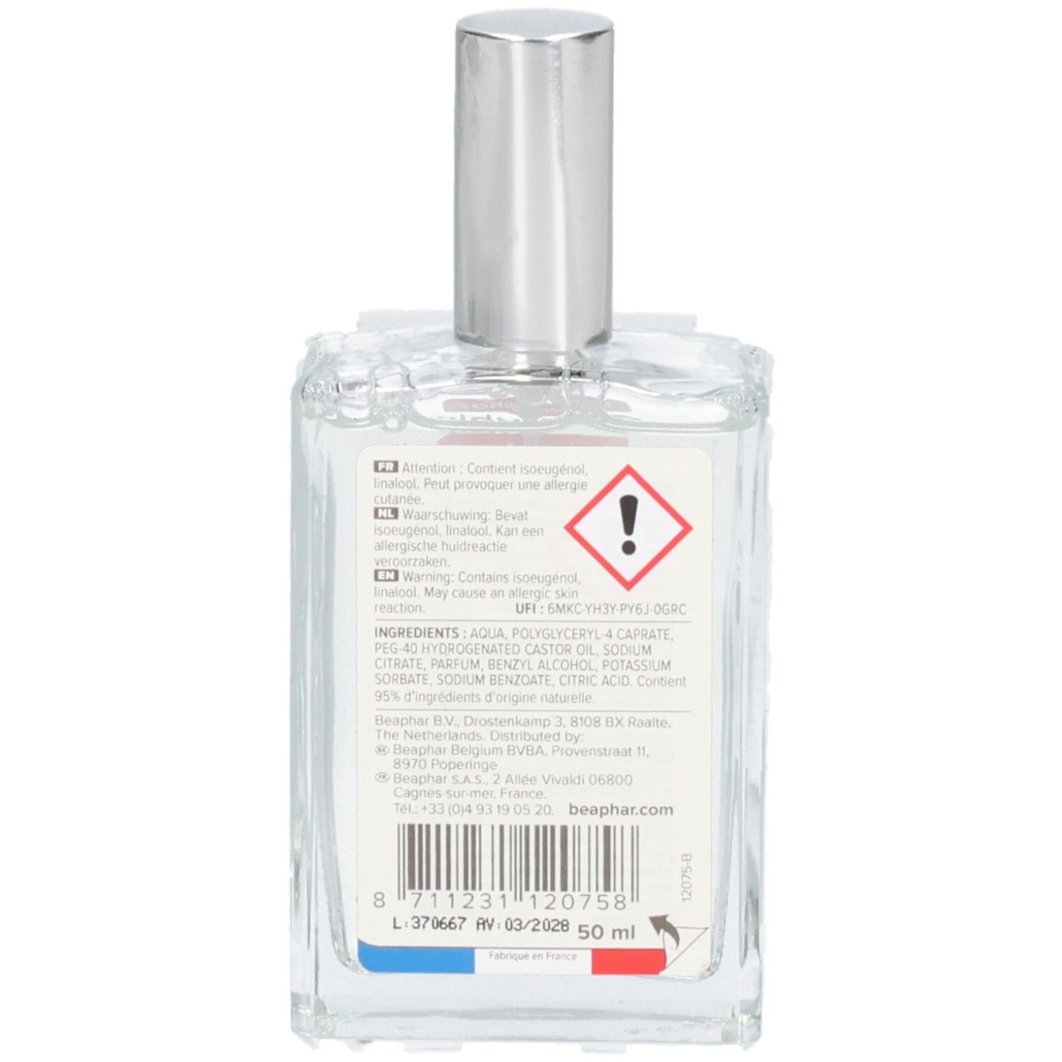 Dos du flacon. Étiquette avec ingrédients, avertissements et logo. 50 ml.