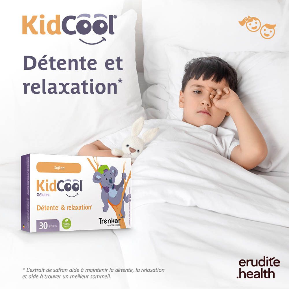 KidCool: Détente et relaxation. Enfant au lit avec le produit.