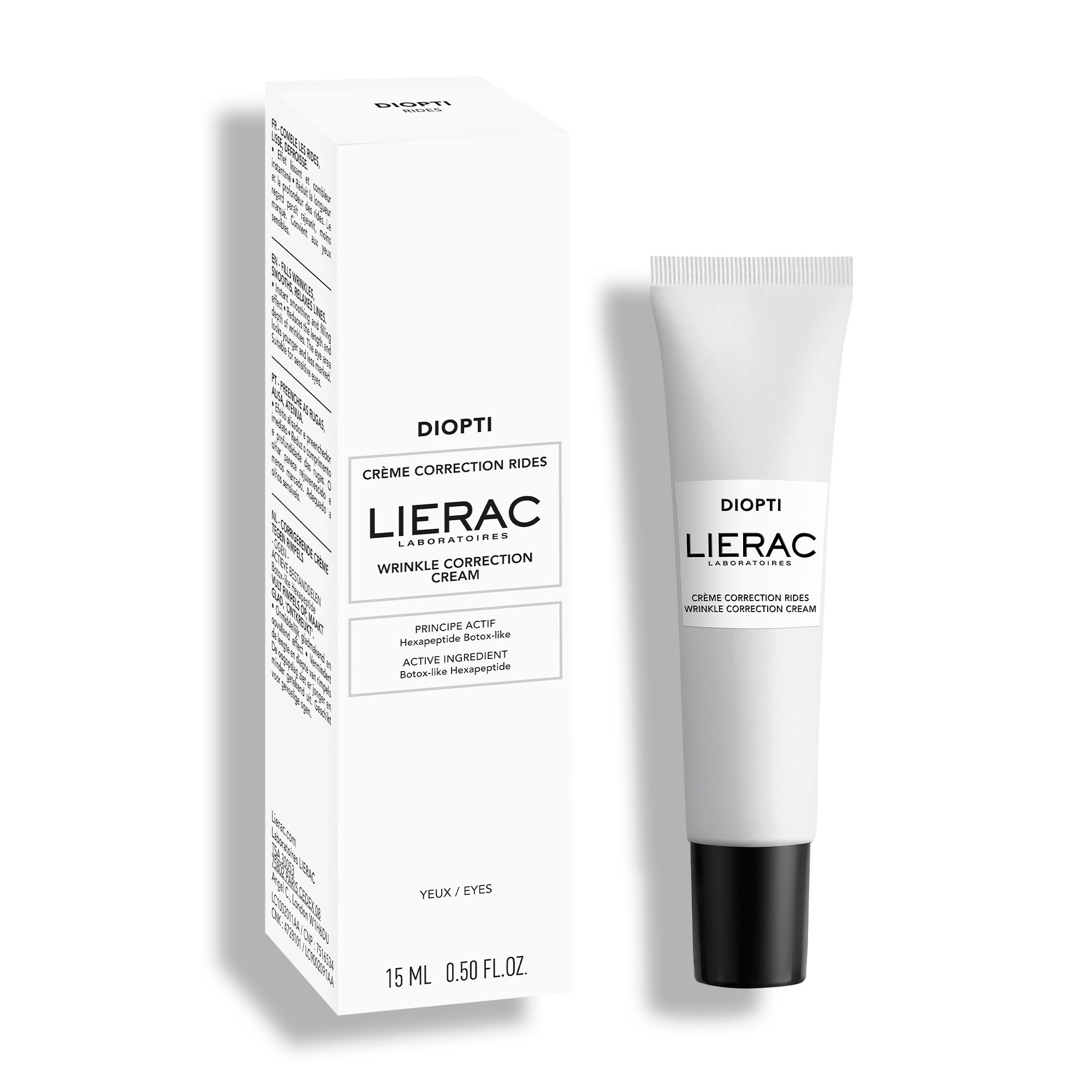 Tube et boîte blancs. Inscription: DIOPTI, LIERAC. Texte: CREME CORRECTION RIDES. Produit pour le contour des yeux. 15 ml.