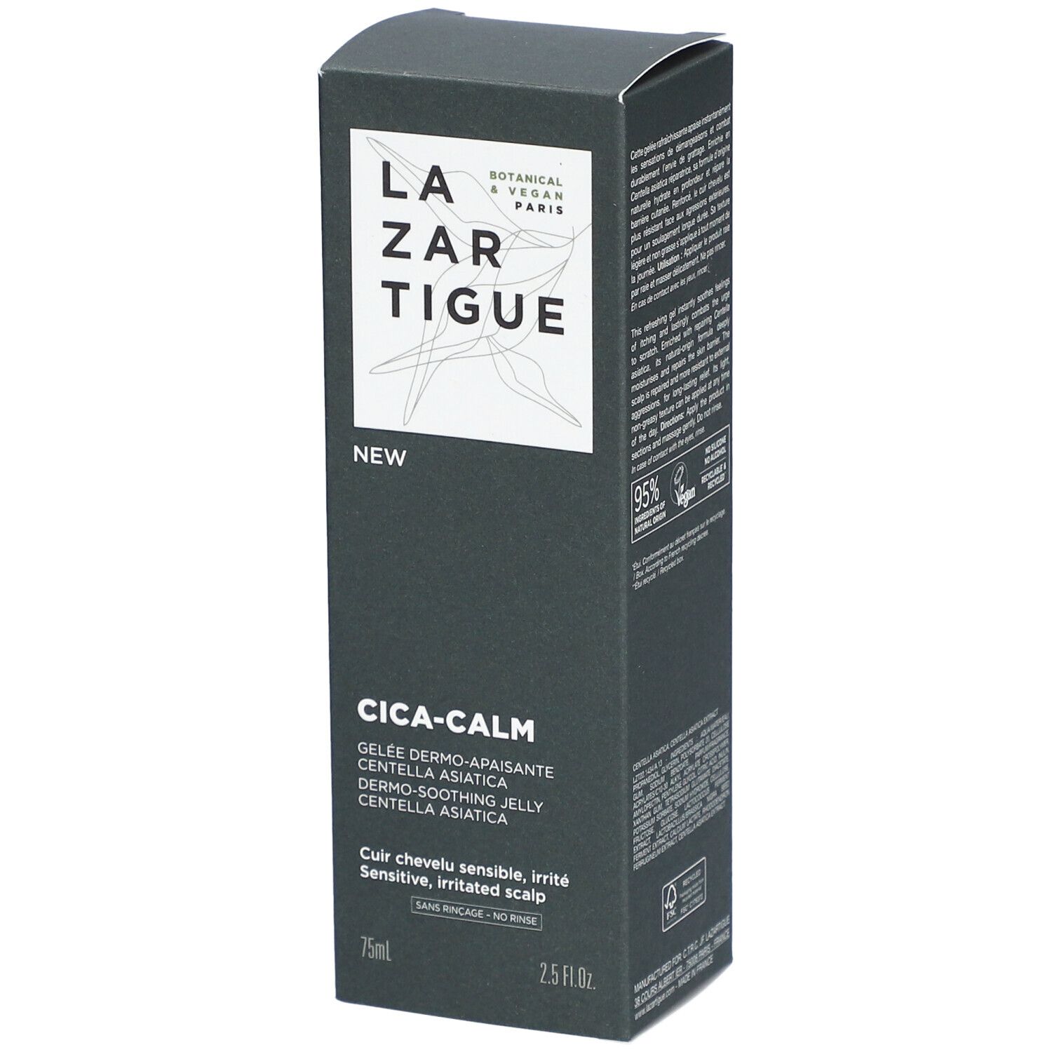 Boîte de produit gris foncé avec logo et texte blancs. "CICA-CALM" et "GELÉE DERMO-APAISANTE" sont visibles. 75ml et 2.5 fl.oz.