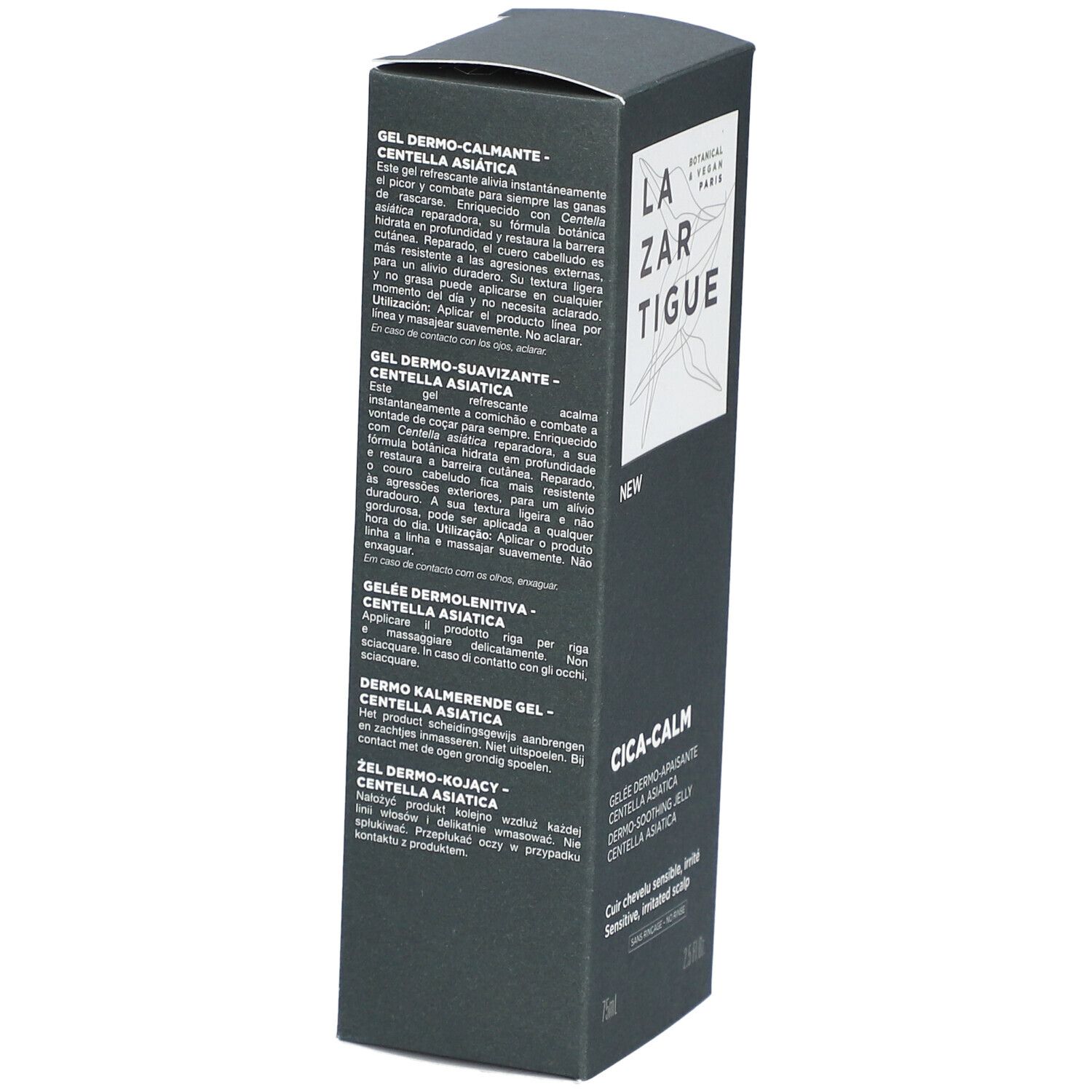 Boîte de produit gris foncé avec texte en plusieurs langues. "CICA-CALM" et descriptions du produit visibles. 75ml et 2.5 fl.oz.