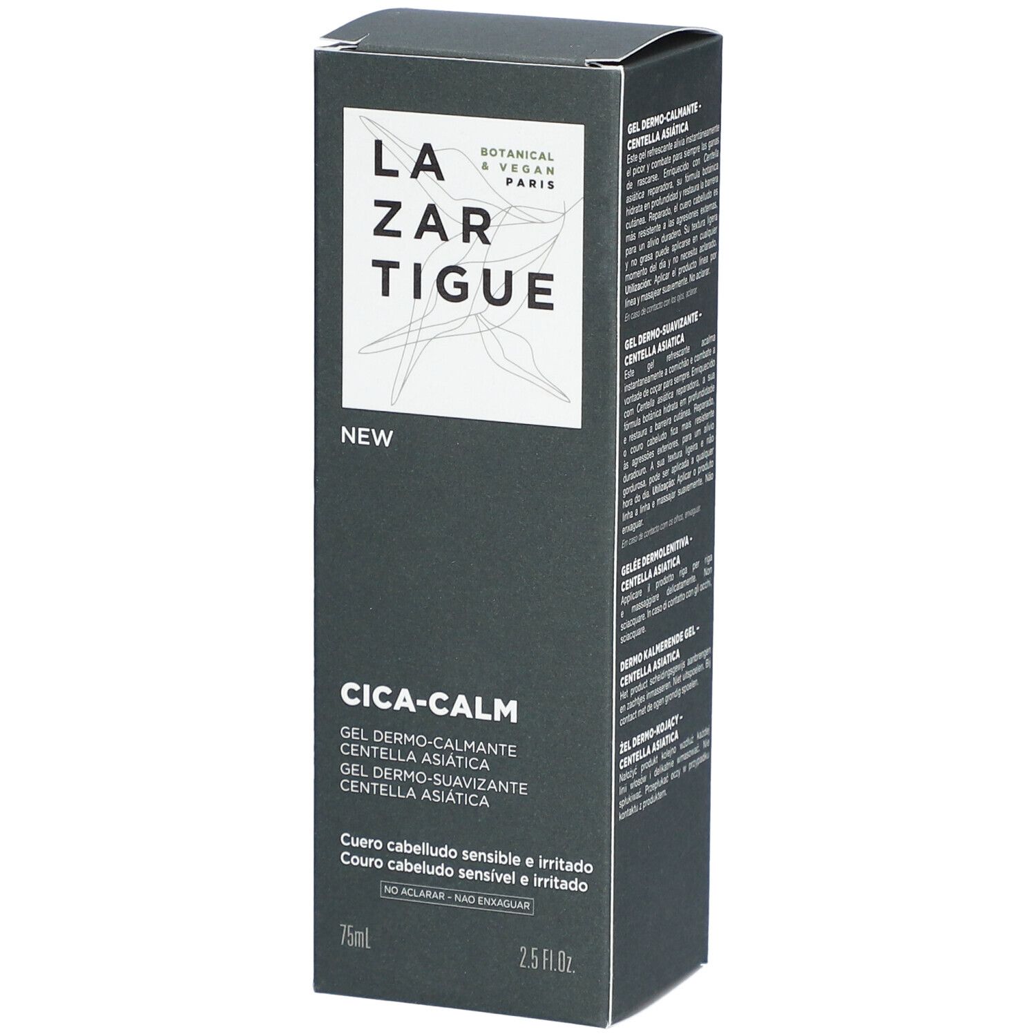 Boîte de produit gris foncé avec logo et texte blancs. "CICA-CALM" et descriptions du produit visibles. 75ml et 2.5 fl.oz.