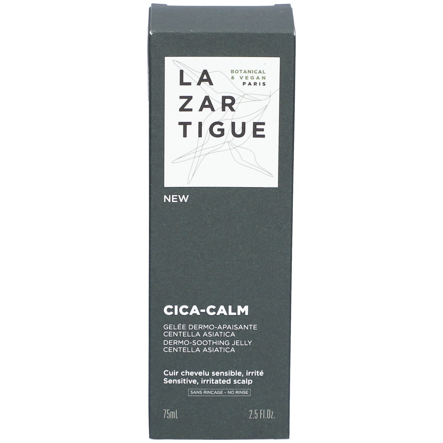 Boîte de produit gris foncé avec logo et texte blancs. "CICA-CALM" et "GELÉE DERMO-APAISANTE" sont visibles. 75ml et 2.5 fl.oz.