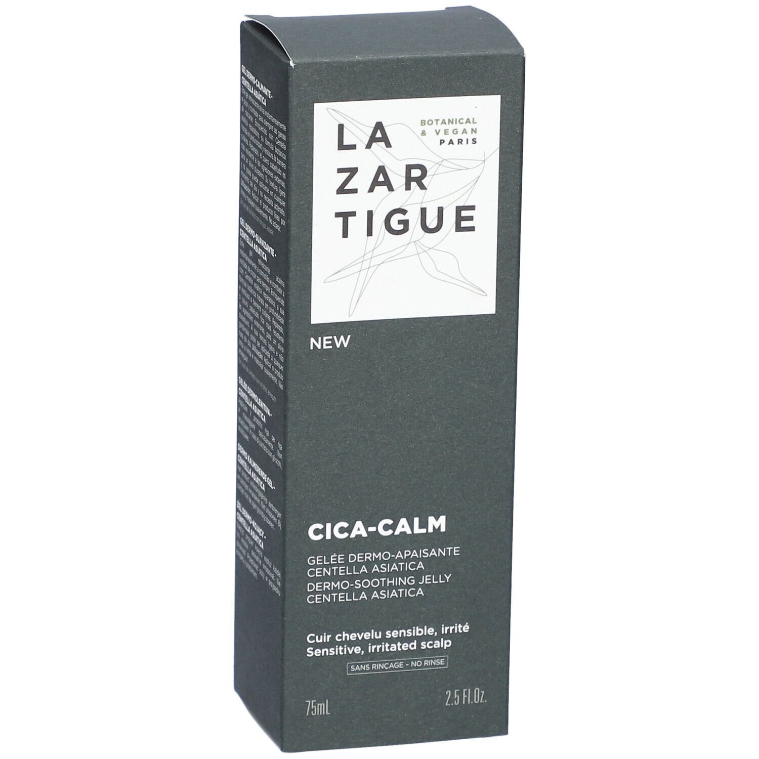Boîte de produit gris foncé avec logo et texte blancs. "CICA-CALM" et descriptions du produit visibles. 75ml et 2.5 fl.oz.