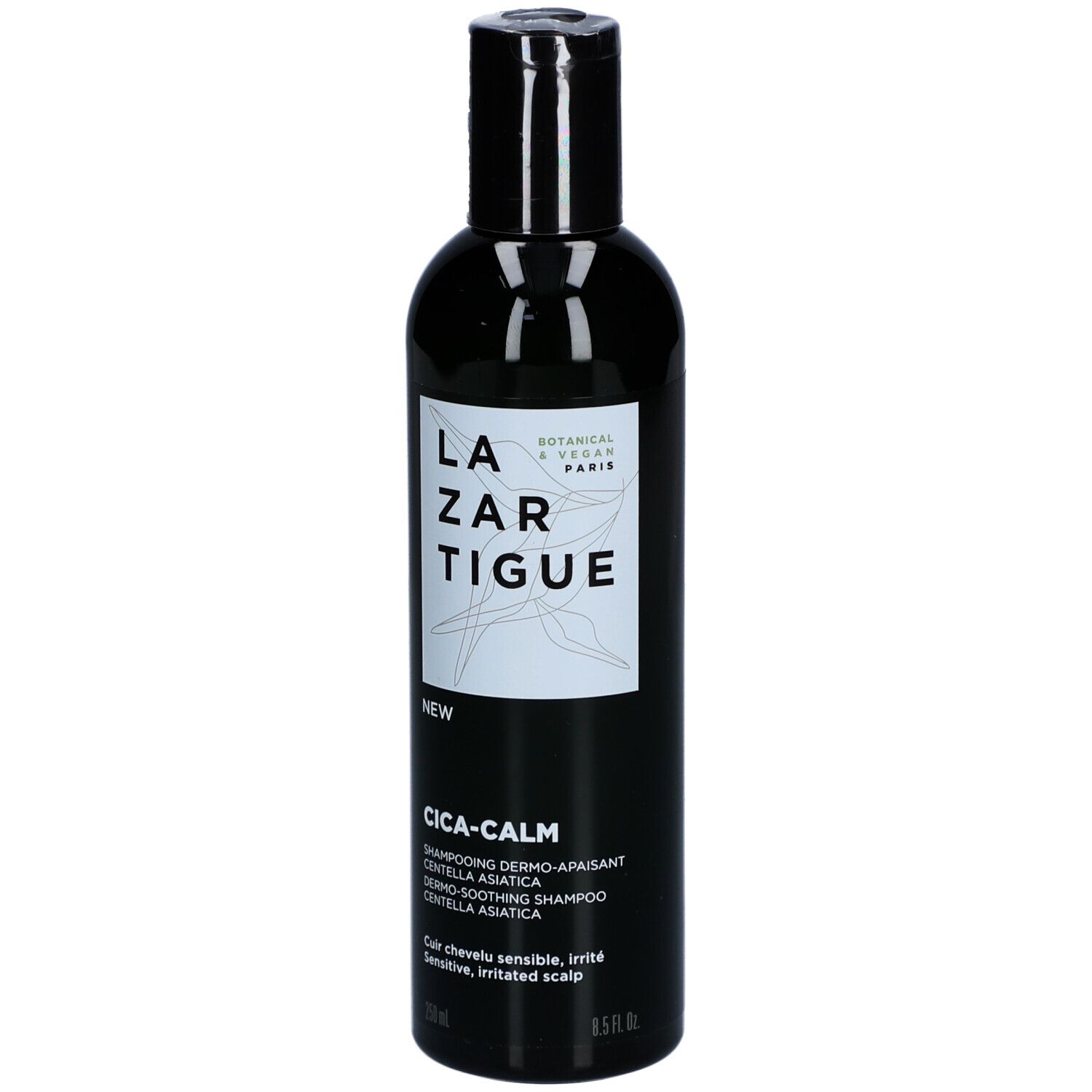 Flacon noir avec étiquette LAZARTIGUE. Texte : Cica-Calm Shampooing Dermo-Apaisant Centella Asiatica. Pour cuir chevelu sensible.