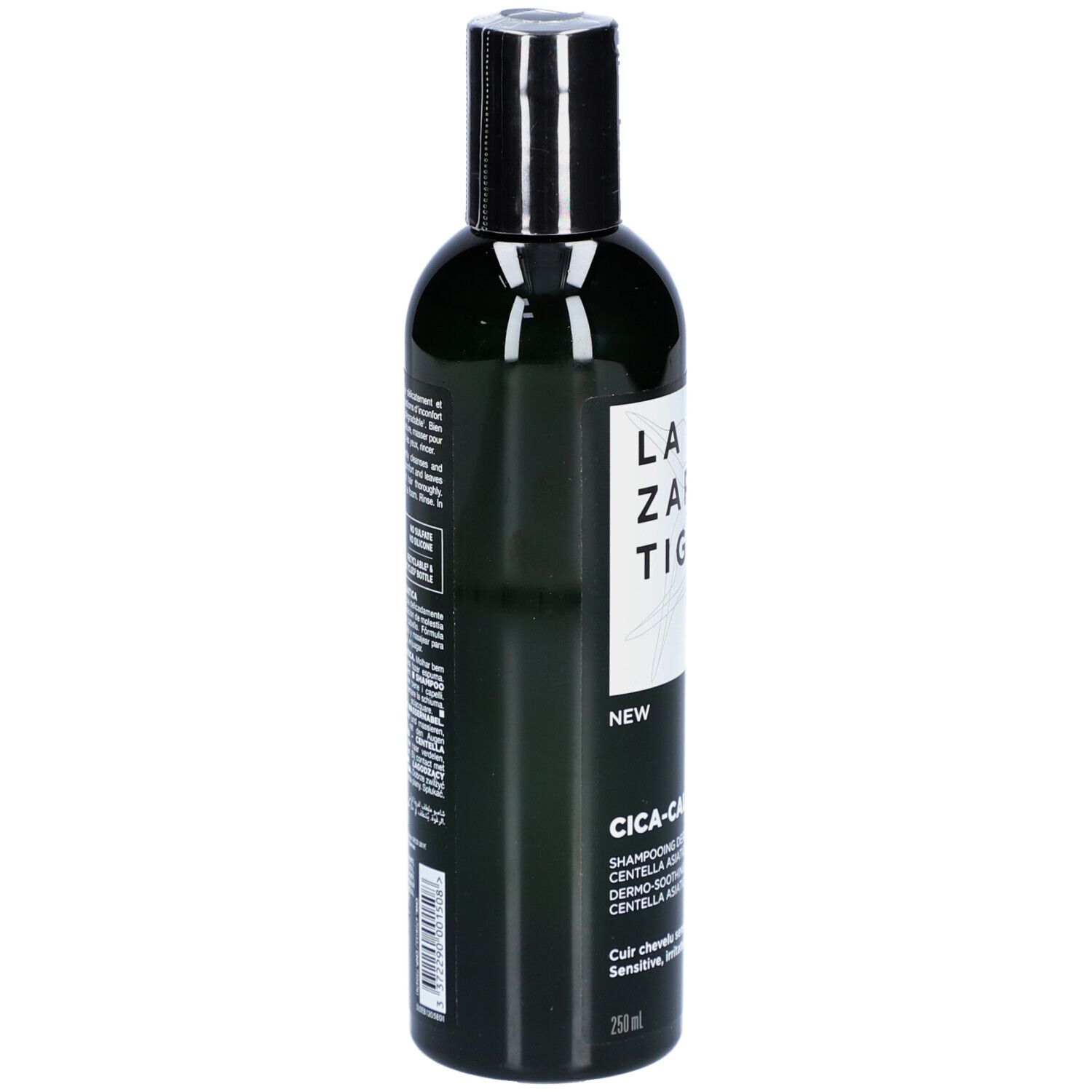 Flacon noir avec texte et étiquette. LAZARTIGUE, Cica-Calm Shampooing Dermo-Apaisant. Dos avec texte et logo.
