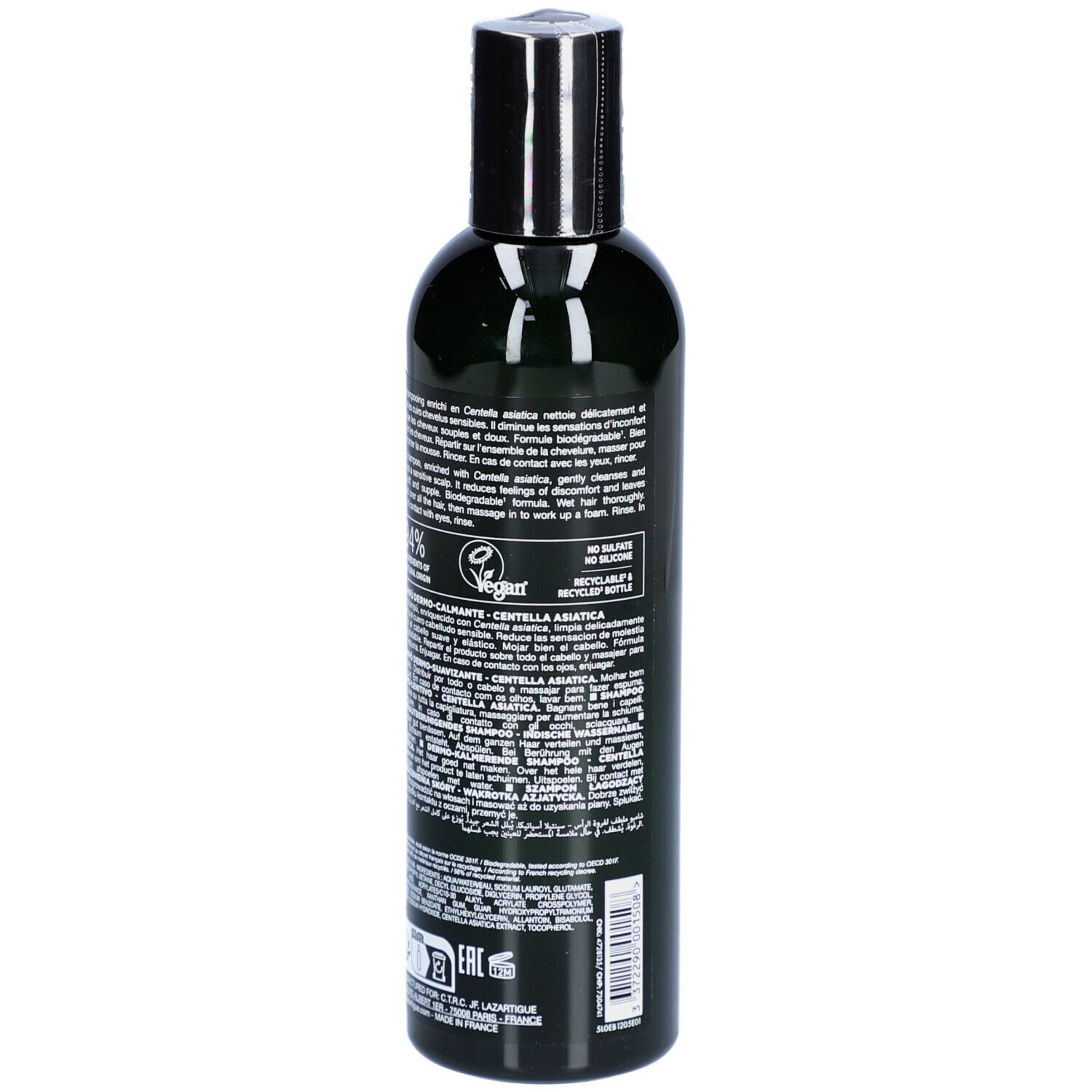 Dos du flacon noir. Texte : Cica-Calm Shampooing Dermo-Apaisant Centella Asiatica. Avec logo et certifications.