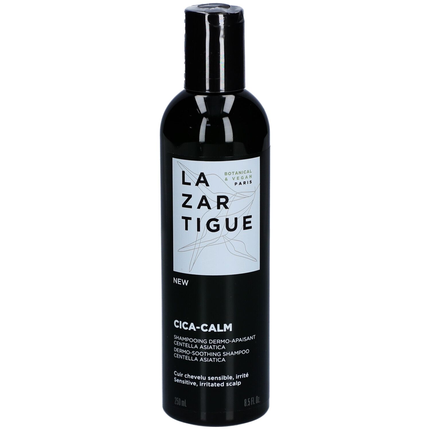 Flacon noir avec étiquette LAZARTIGUE. Texte : Cica-Calm Shampooing Dermo-Apaisant Centella Asiatica. Pour cuir chevelu sensible.