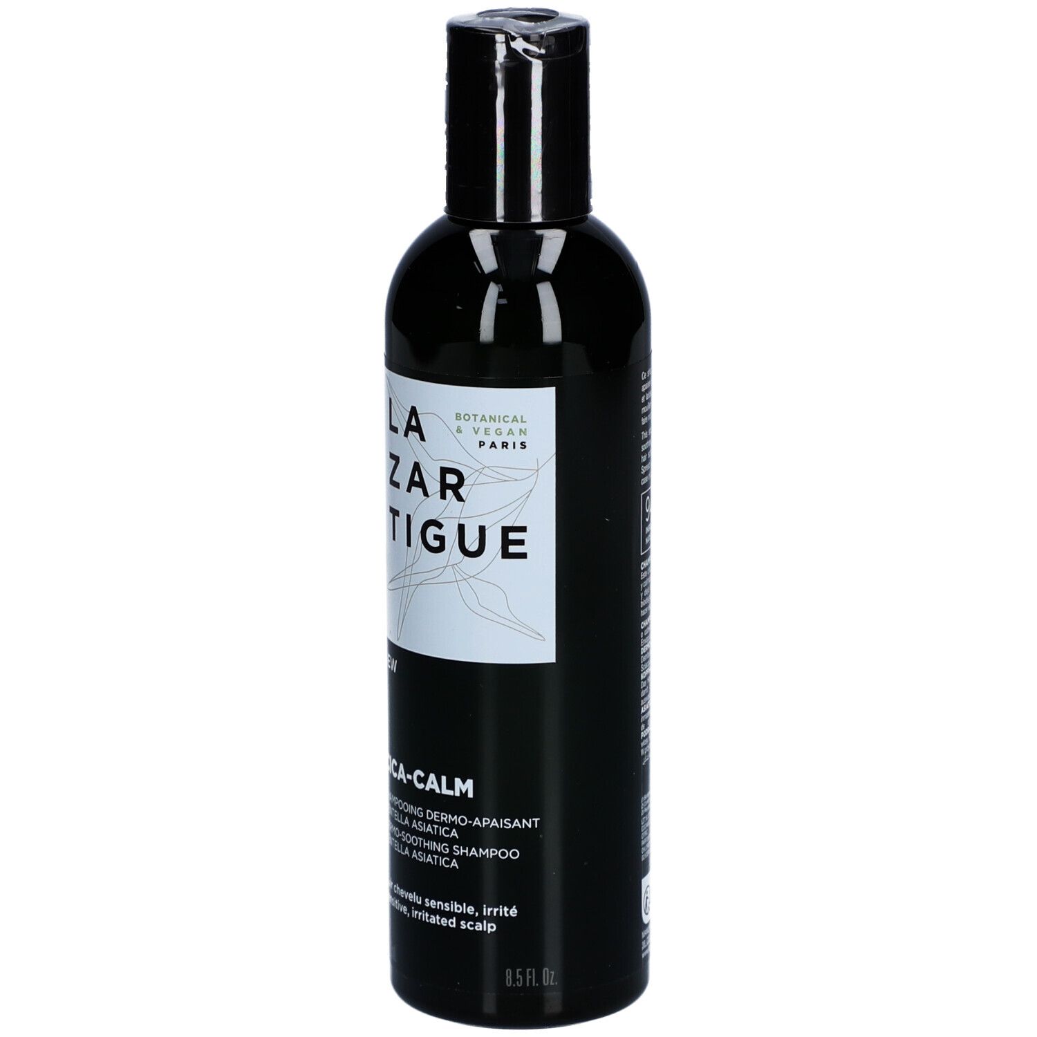 Flacon noir avec étiquette LAZARTIGUE. Texte : Cica-Calm Shampooing Dermo-Apaisant Centella Asiatica. Pour cuir chevelu sensible.