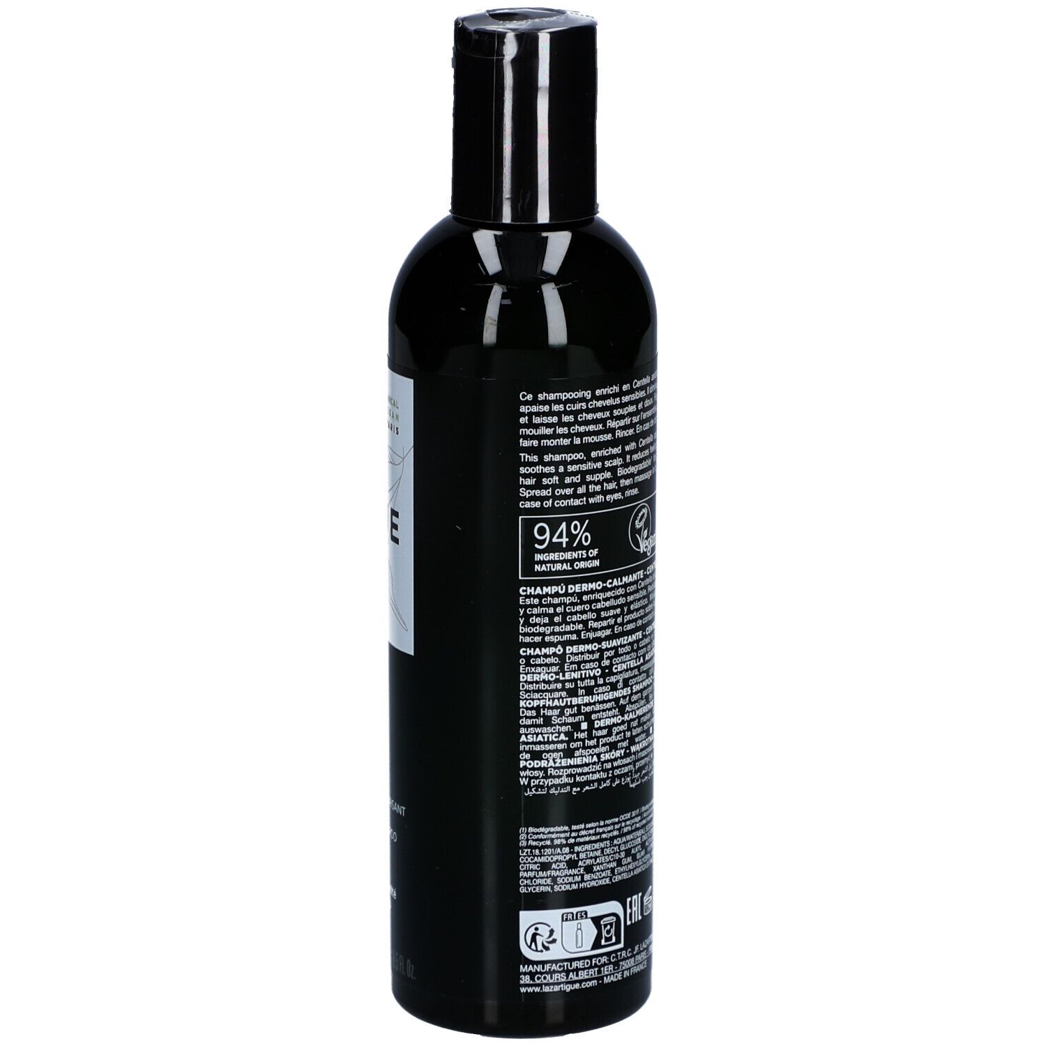 Dos du flacon noir. Texte : Cica-Calm Shampooing Dermo-Apaisant Centella Asiatica. Avec logo et certifications.