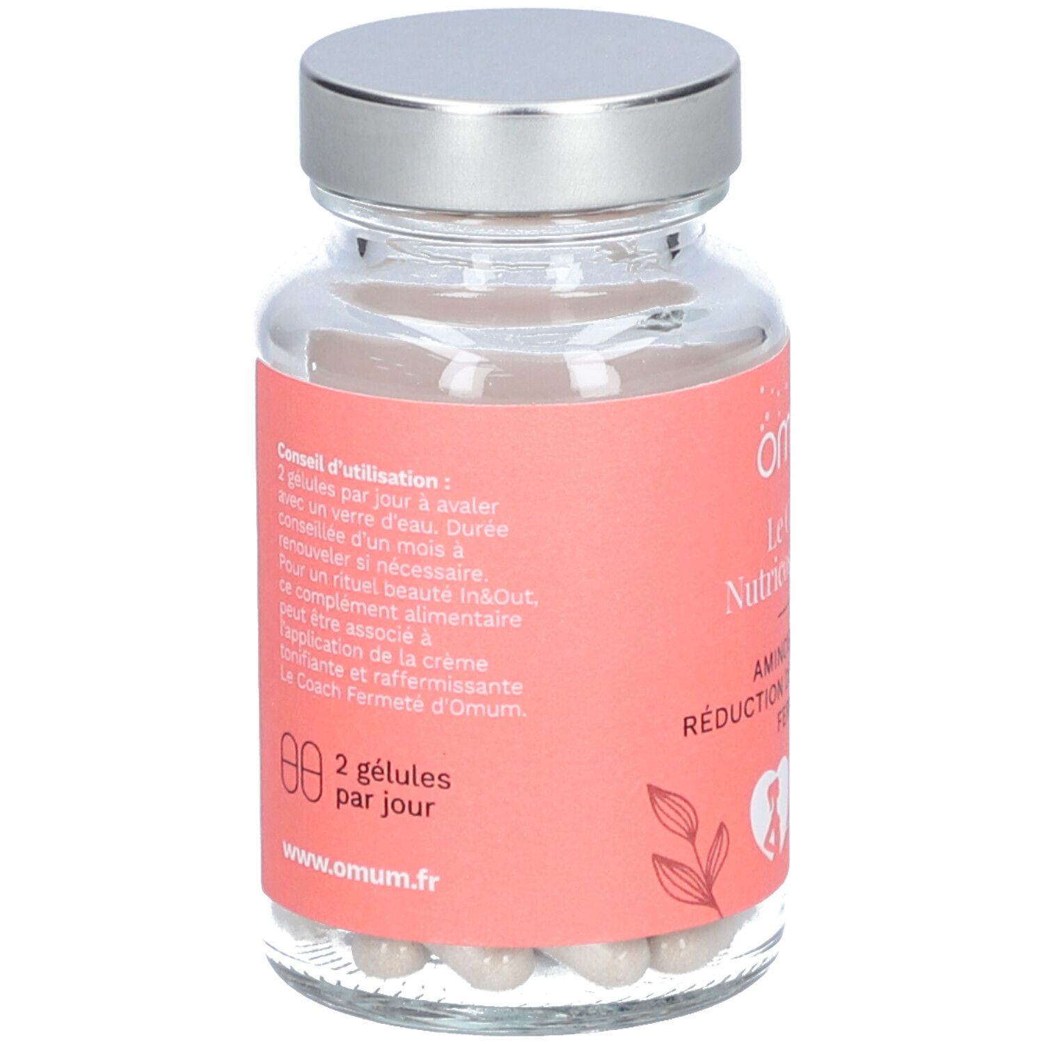 Flacon en verre avec gélules. Étiquette rose avec texte et conseils d'utilisation. Omum Le Coach Nutricosmétique.