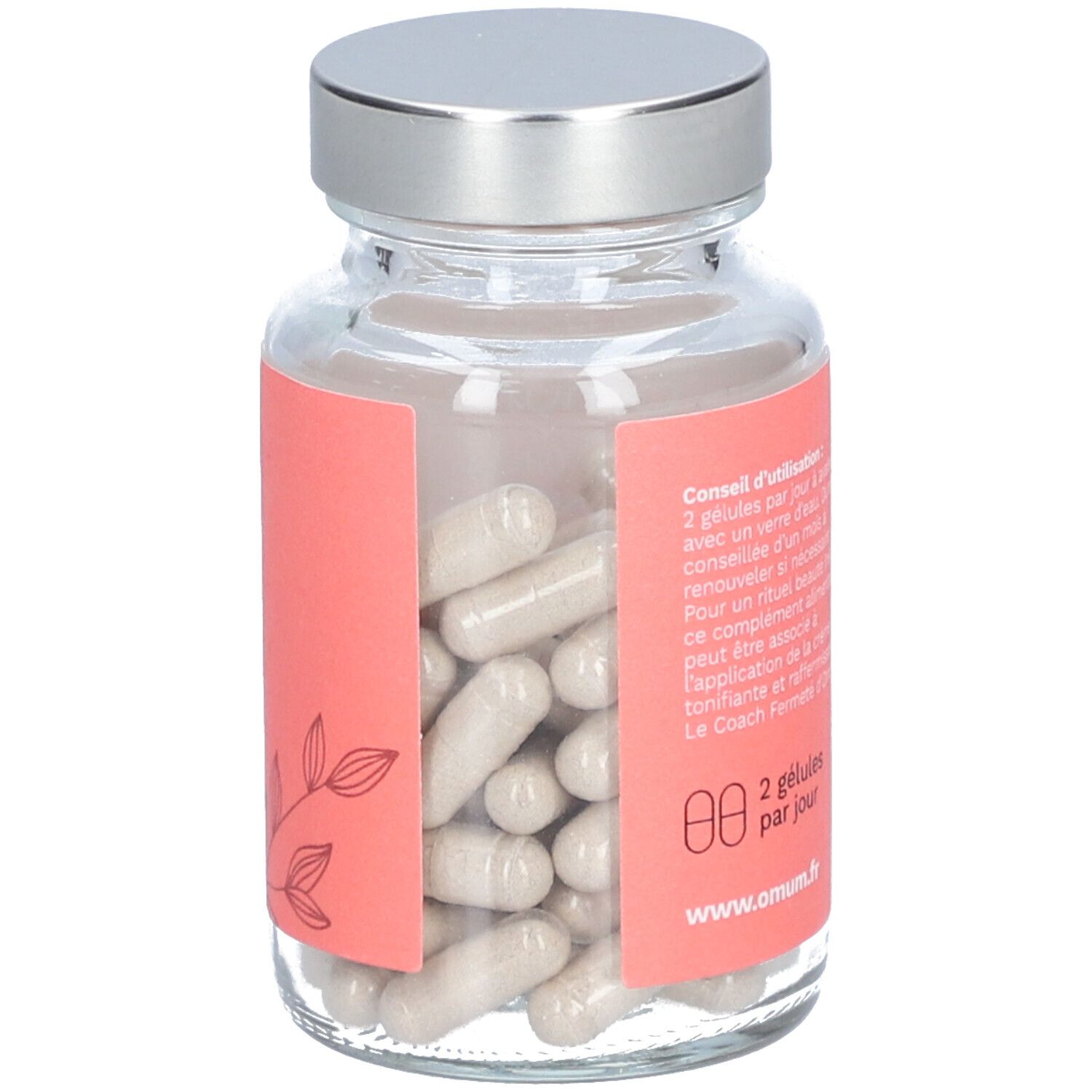 Flacon en verre avec gélules. Étiquette rose avec texte. Omum Le Coach Nutricosmétique. Gélules visibles.