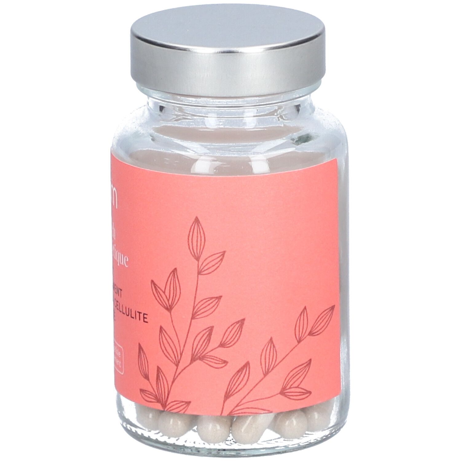 Flacon en verre avec gélules. Étiquette rose avec texte et motif floral. Omum Le Coach Nutricosmétique.