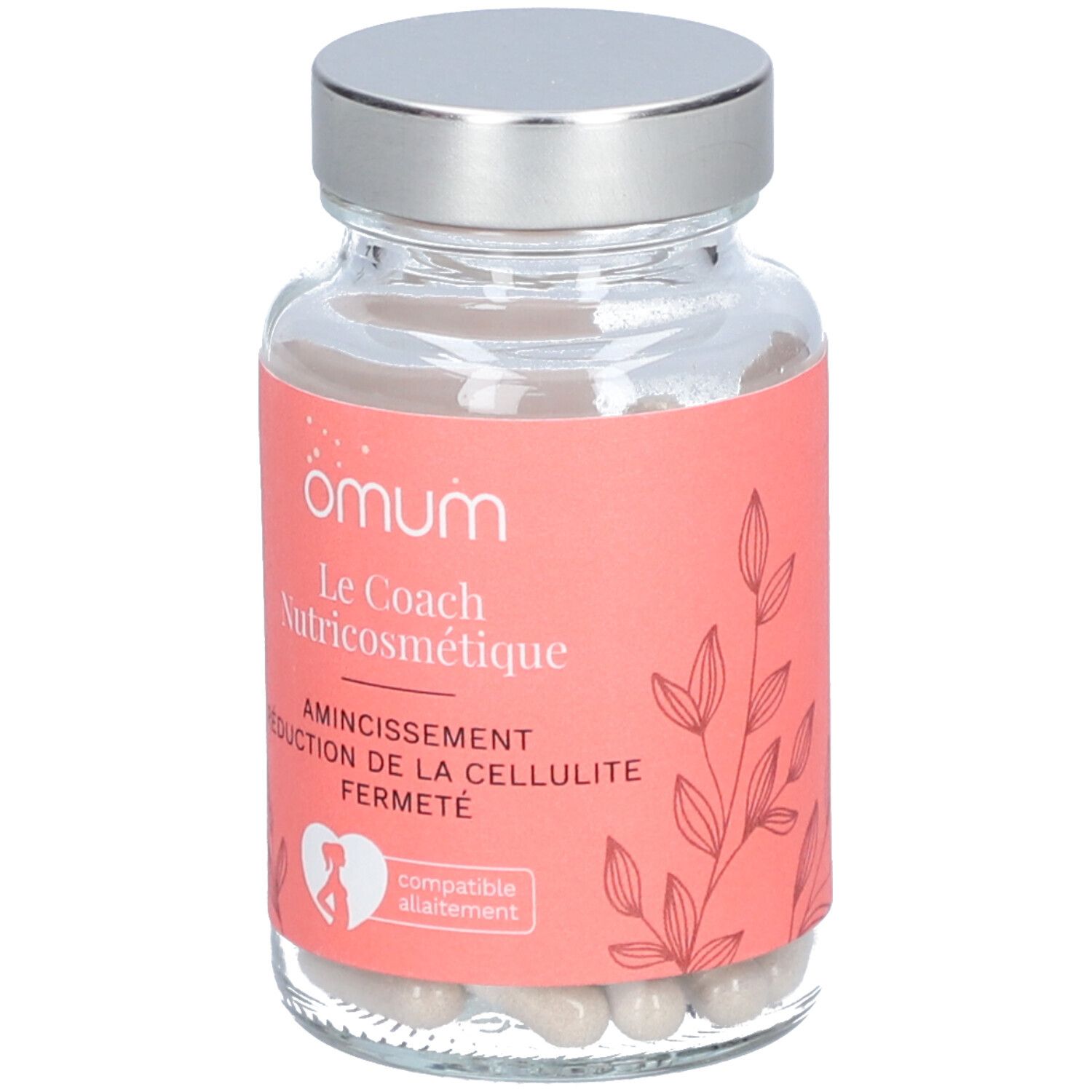 Flacon en verre avec gélules. Étiquette rose avec texte: Omum Le Coach Nutricosmétique. Compatible allaitement.