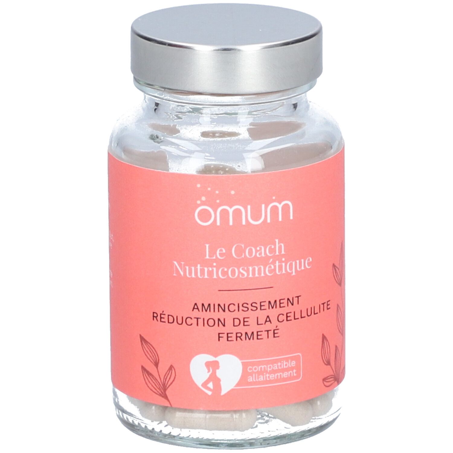 Flacon en verre avec gélules. Étiquette rose avec texte: Omum Le Coach Nutricosmétique. Compatible allaitement.
