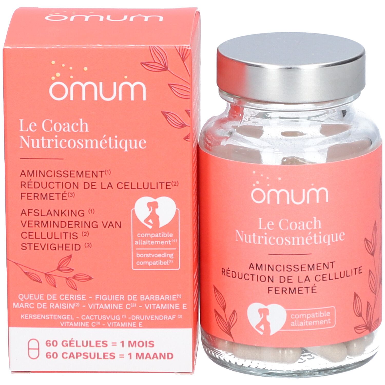 Emballage du produit et flacon en verre avec gélules. Étiquette rose avec texte: Omum Le Coach Nutricosmétique. Compatible allaitement.