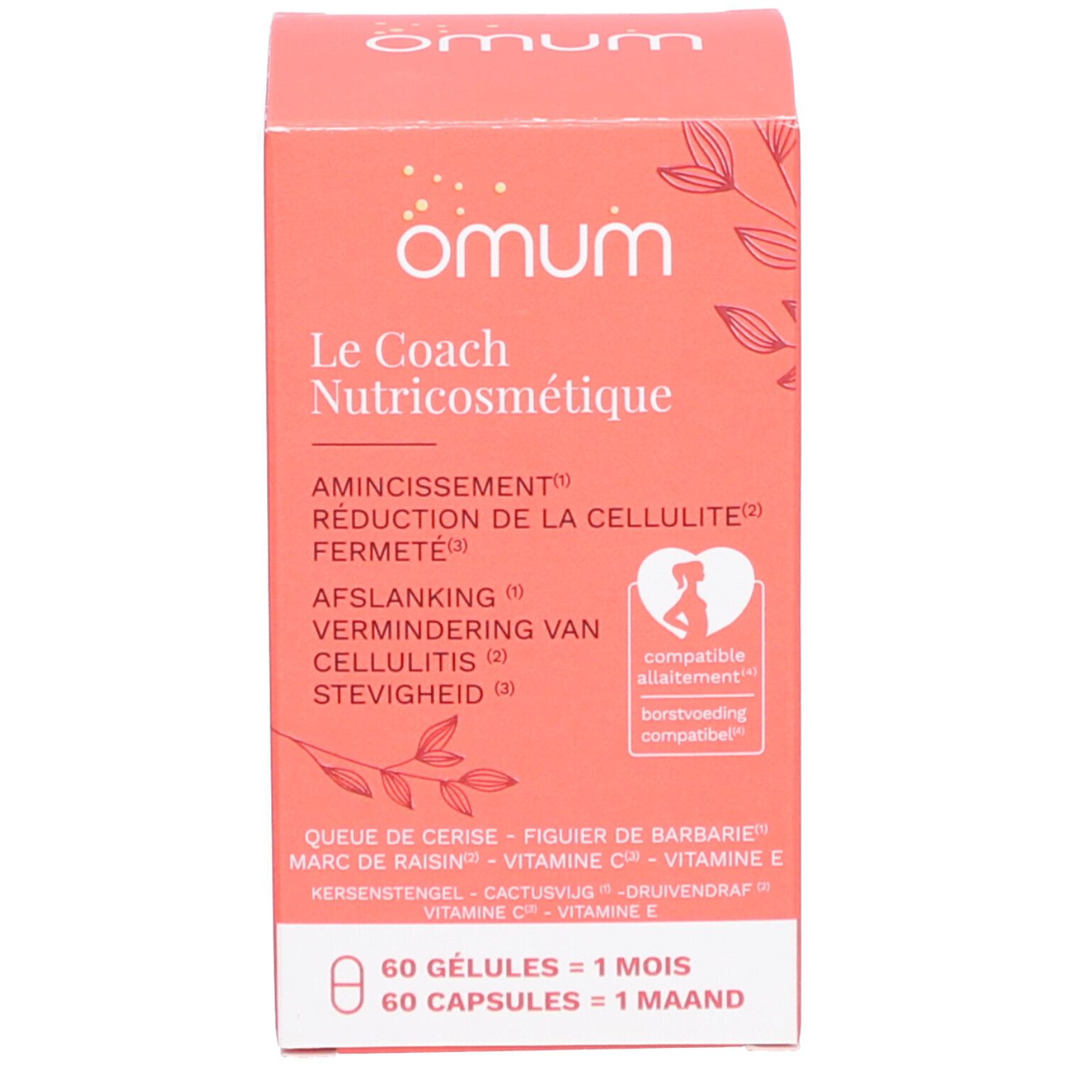Emballage du produit. Étiquette rose avec texte: Omum Le Coach Nutricosmétique. Compatible allaitement. 60 gélules.