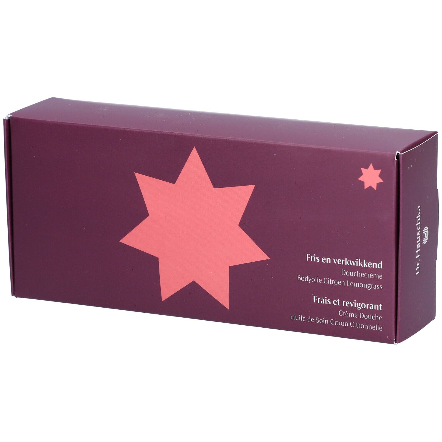 Coffret violet foncé avec logo en étoile. Texte: Fris en verkwikkend, Crème Douche, Huile de Soin Citron Citronnelle. Logo Dr. Hauschka.