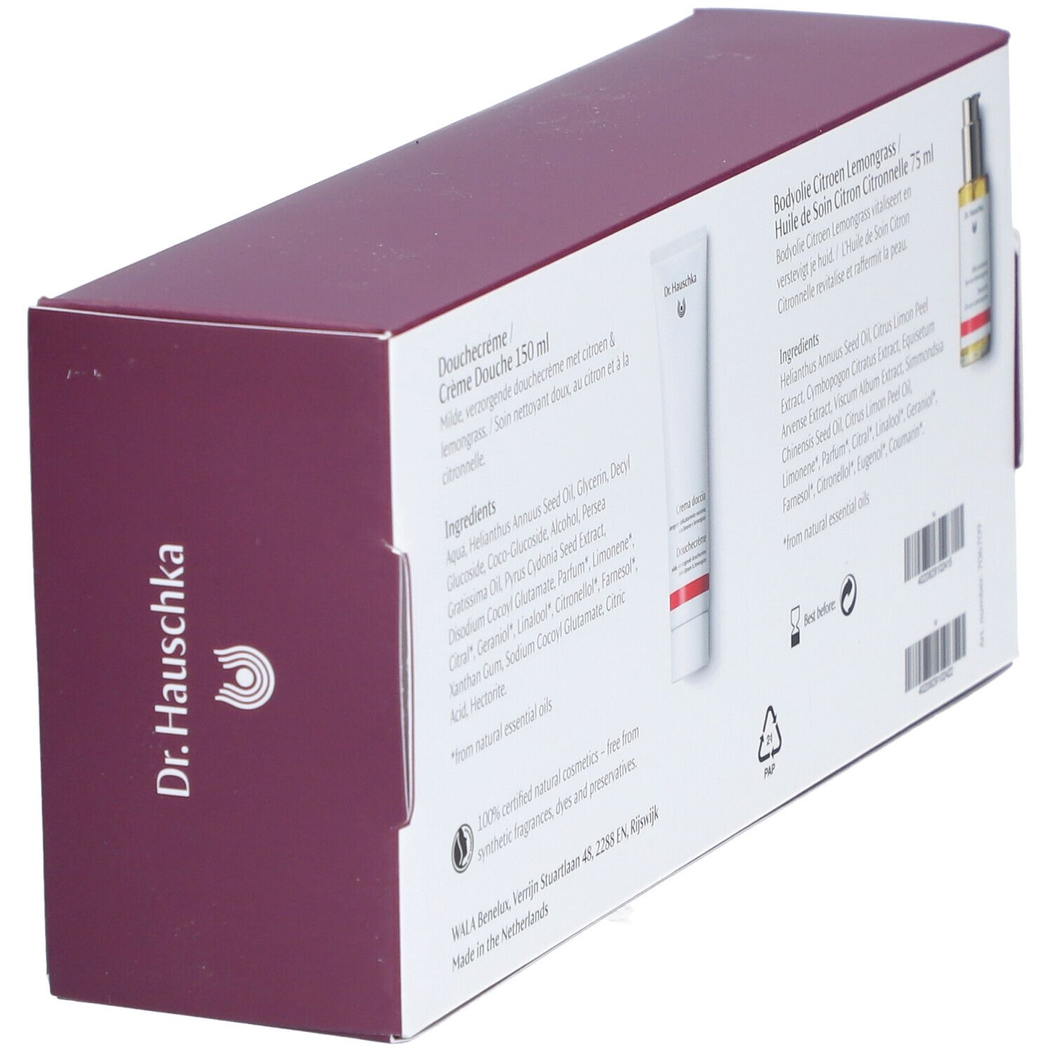 Dos du coffret avec informations produit. Contient: Crème Douche, Lait Corporel, Huile Corporelle. Texte: Ingrédients, logo Dr. Hauschka, symboles recyclage.