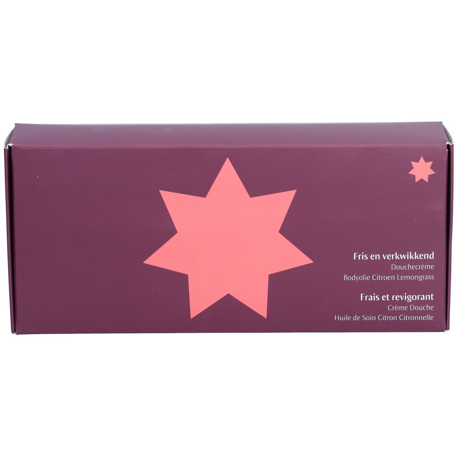 Coffret violet foncé avec logo en étoile. Texte: Fris en verkwikkend, Crème Douche, Huile de Soin Citron Citronnelle. Petit logo étoile.