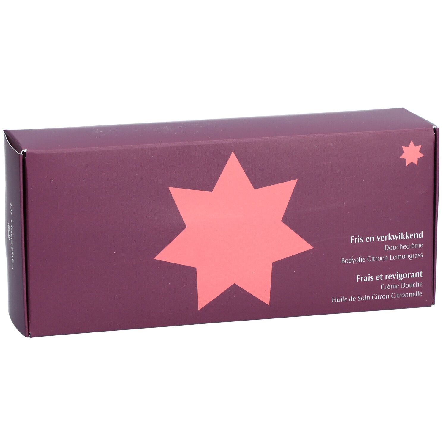 Coffret violet foncé avec logo en étoile. Texte: Fris en verkwikkend, Crème Douche, Huile de Soin Citron Citronnelle. Logo Dr. Hauschka.