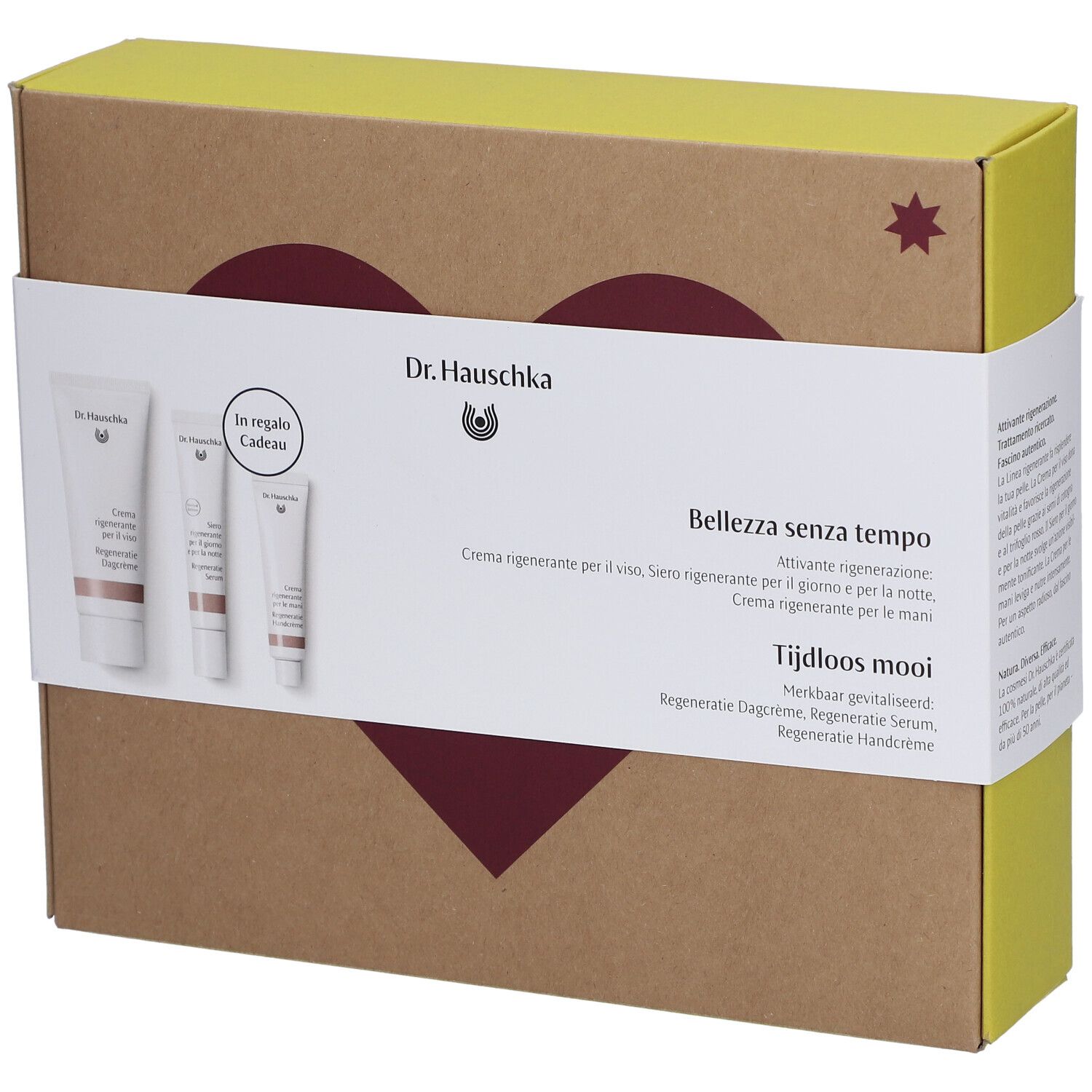 Coffret cadeau Dr. Hauschka. Contient crèmes et sérum. Inscription: Beauté Intemporelle. Design cœur et étoile sur l'emballage.