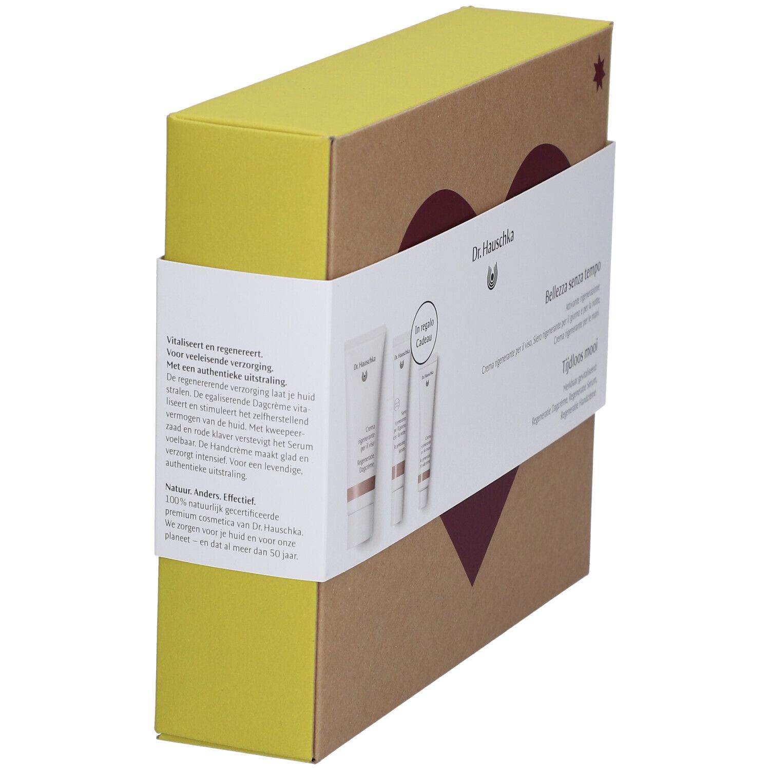 Coffret cadeau Dr. Hauschka. Inscription: Beauté Intemporelle. Contient crèmes et sérum. Emballage avec design cœur et étoile.