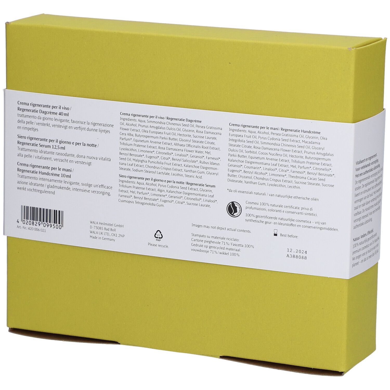 Dos du coffret cadeau. Inscription: Dr. Hauschka. Informations sur les ingrédients et l'utilisation. Avec certifications.