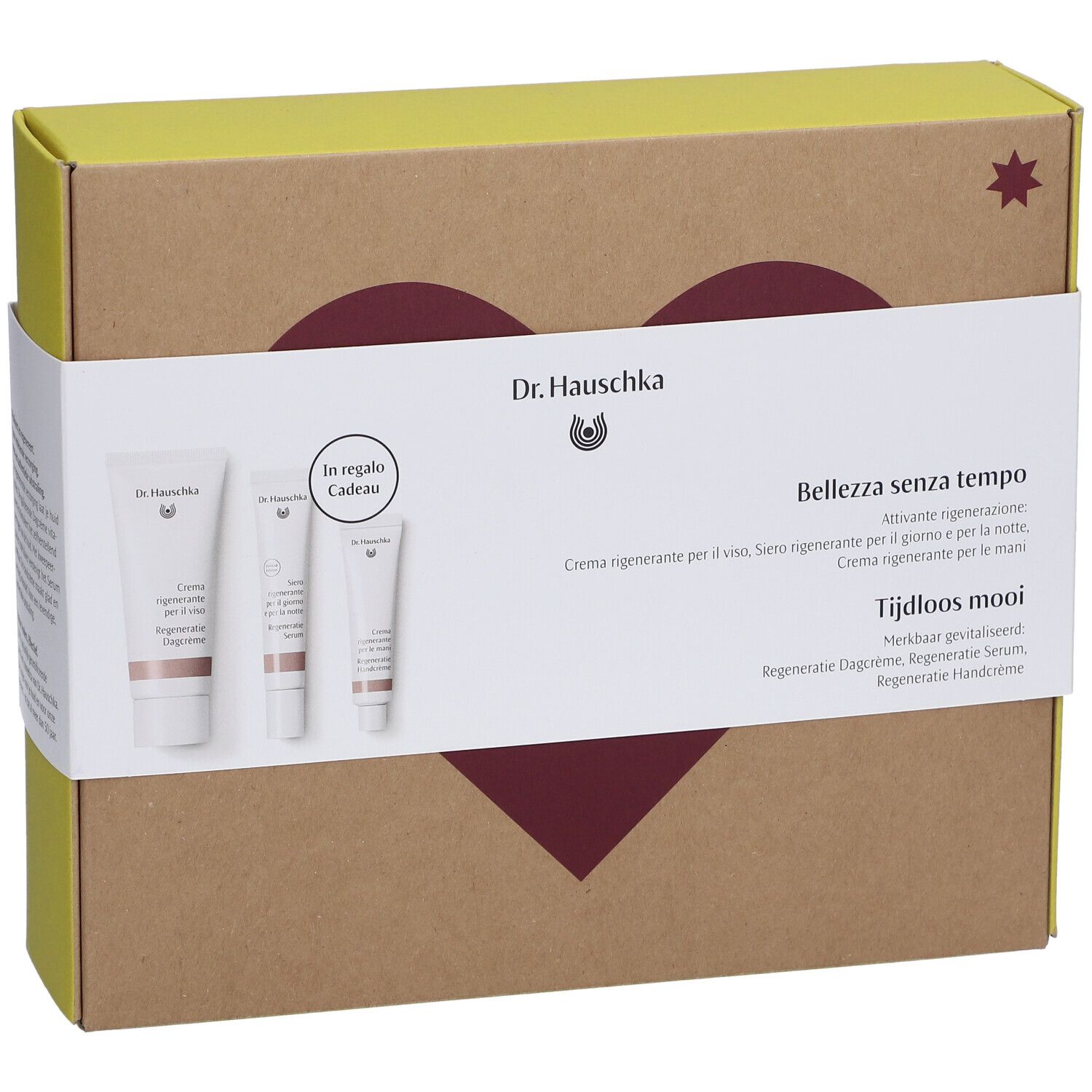 Coffret cadeau Dr. Hauschka. Contient crèmes et sérum. Inscription: Beauté Intemporelle. Design cœur et étoile sur l'emballage.
