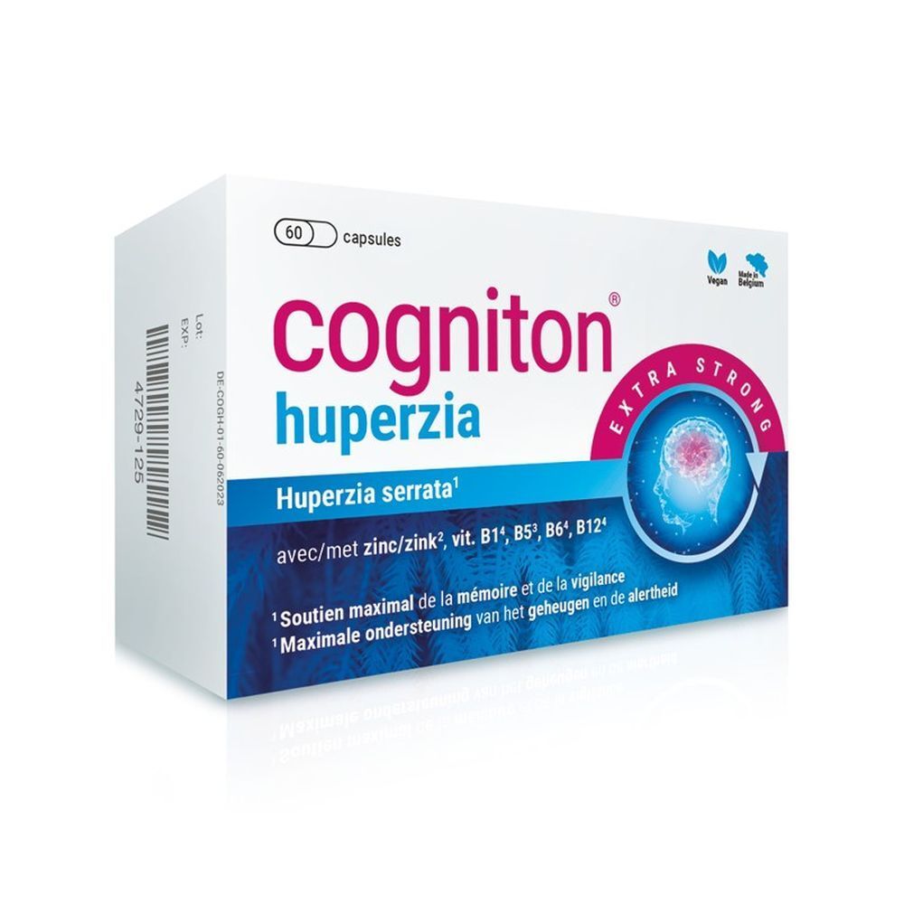 Boîte blanche "Cogniton huperzia" avec 60 capsules. Texte: "Extra Strong". Contient zinc, vitamines. Logo végan.
